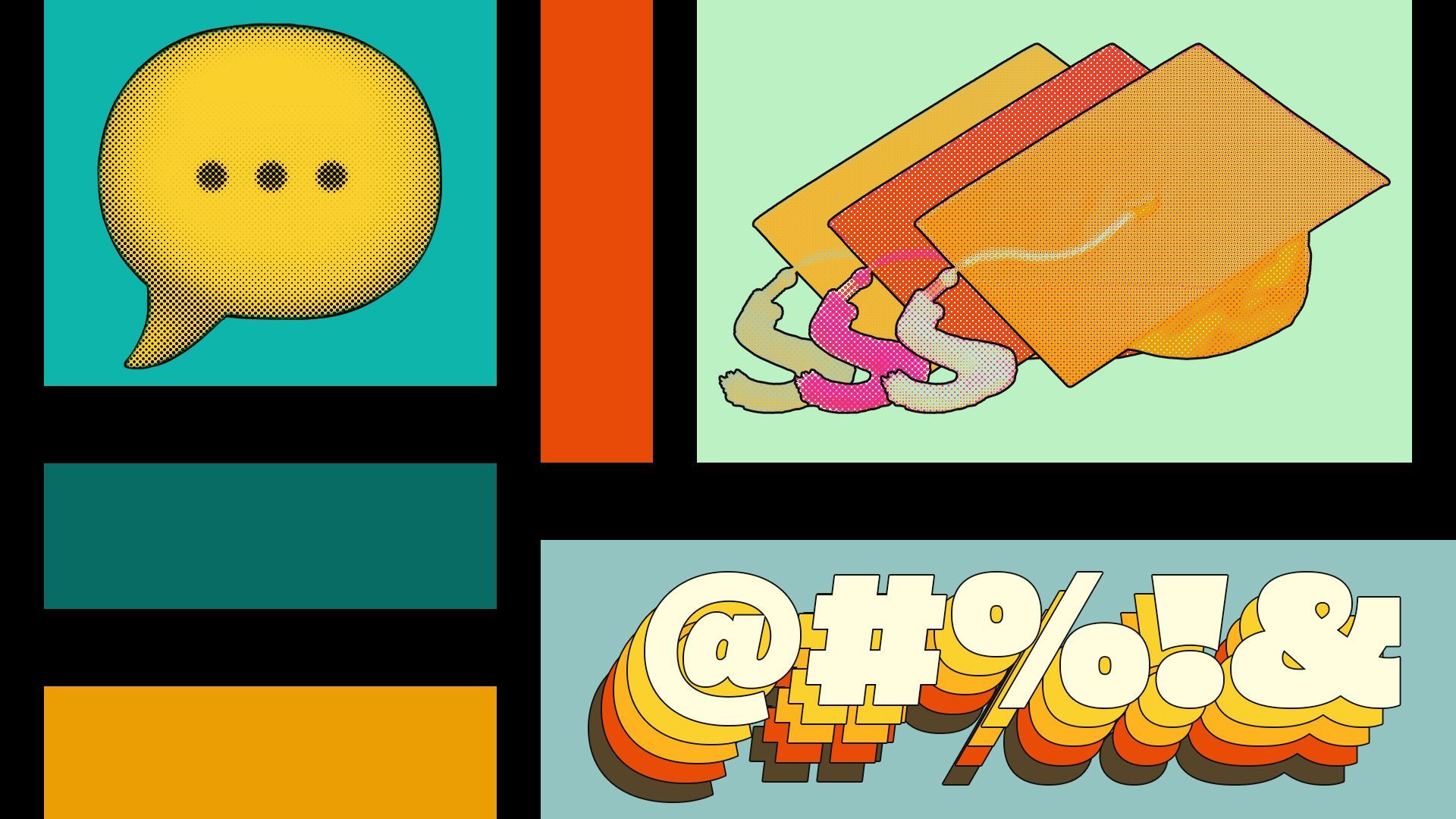 Illustration of a speech bubble emoji, a series of graduation caps, and a series of censored words amongst rectangles of various colors