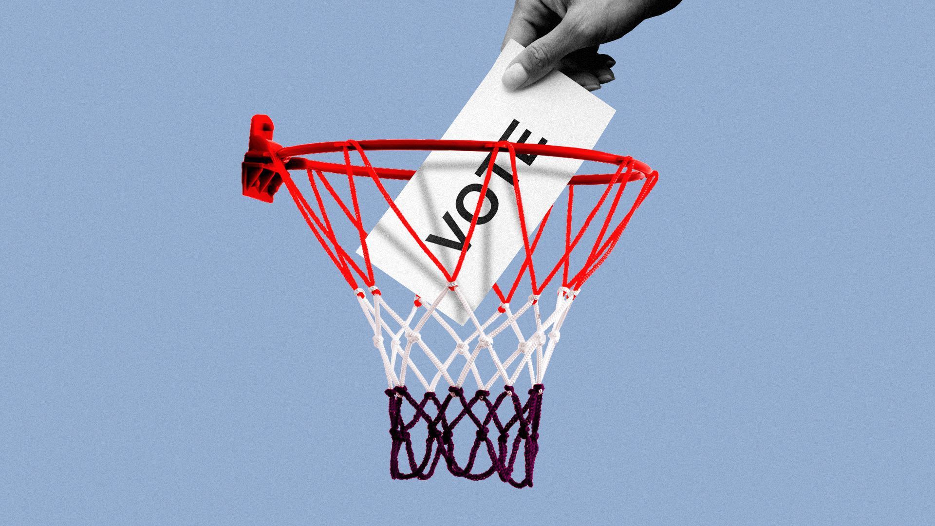 A person putting a ballot in a basketball hoop.