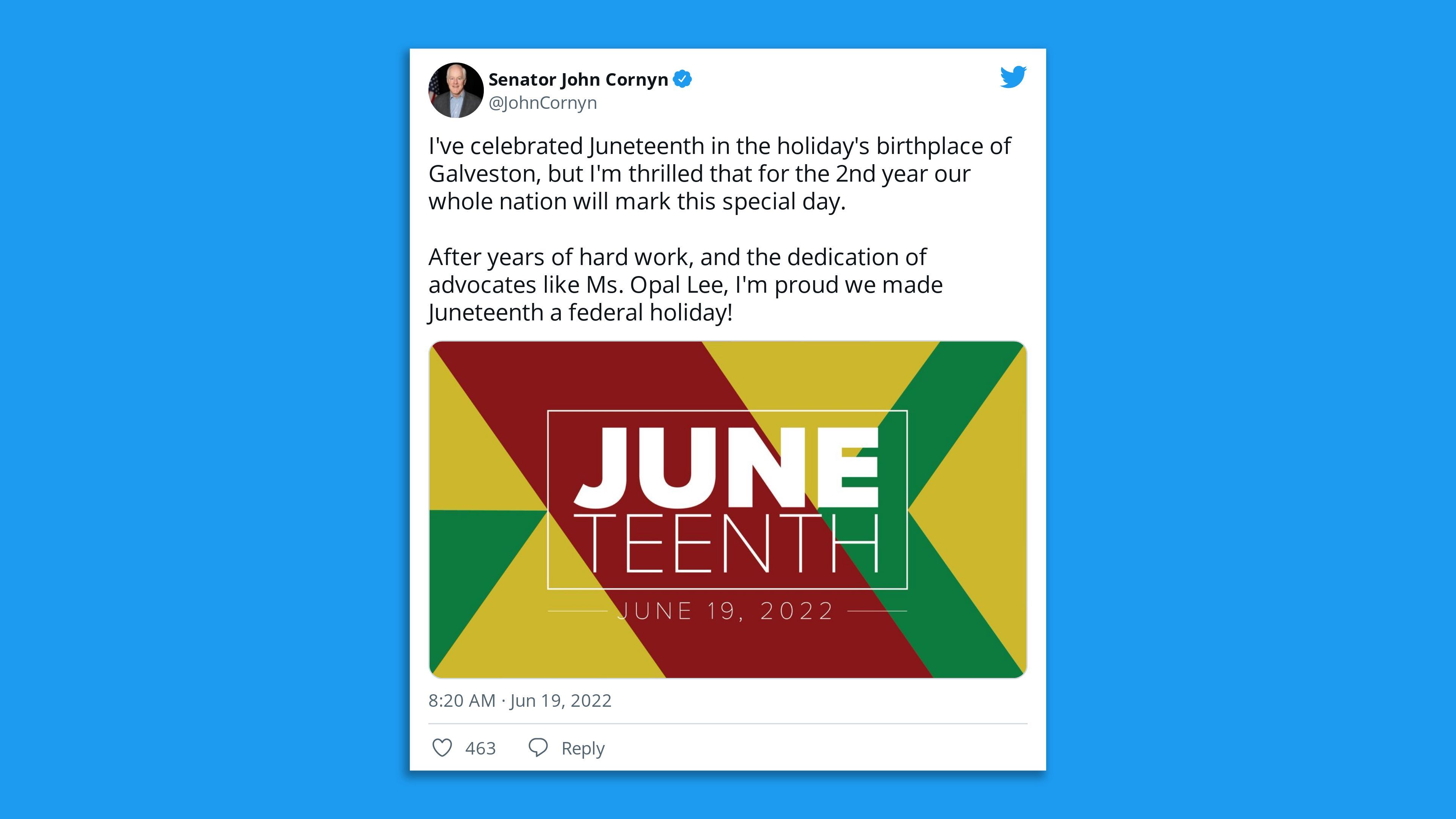 John Cornyn tweet commemorating Juneteenth