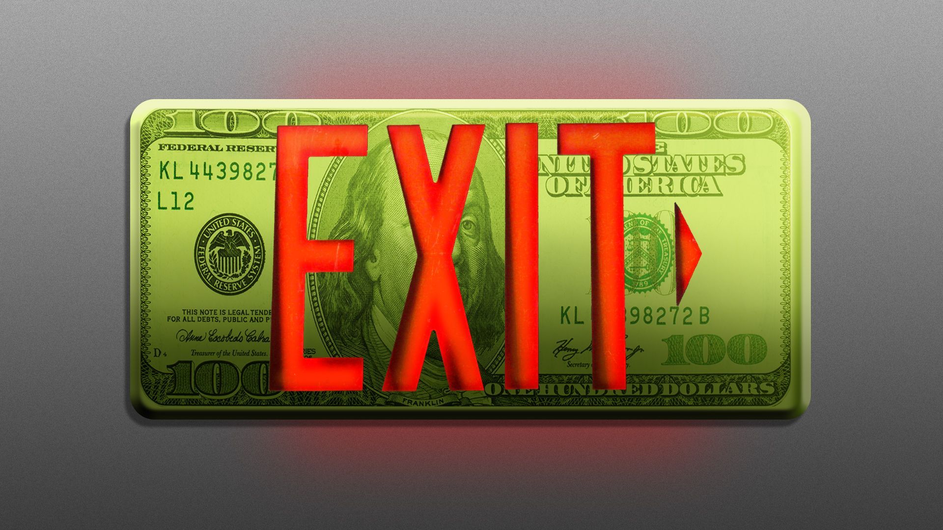 Illustration of an exit sign made out of a hundred dollar bill
