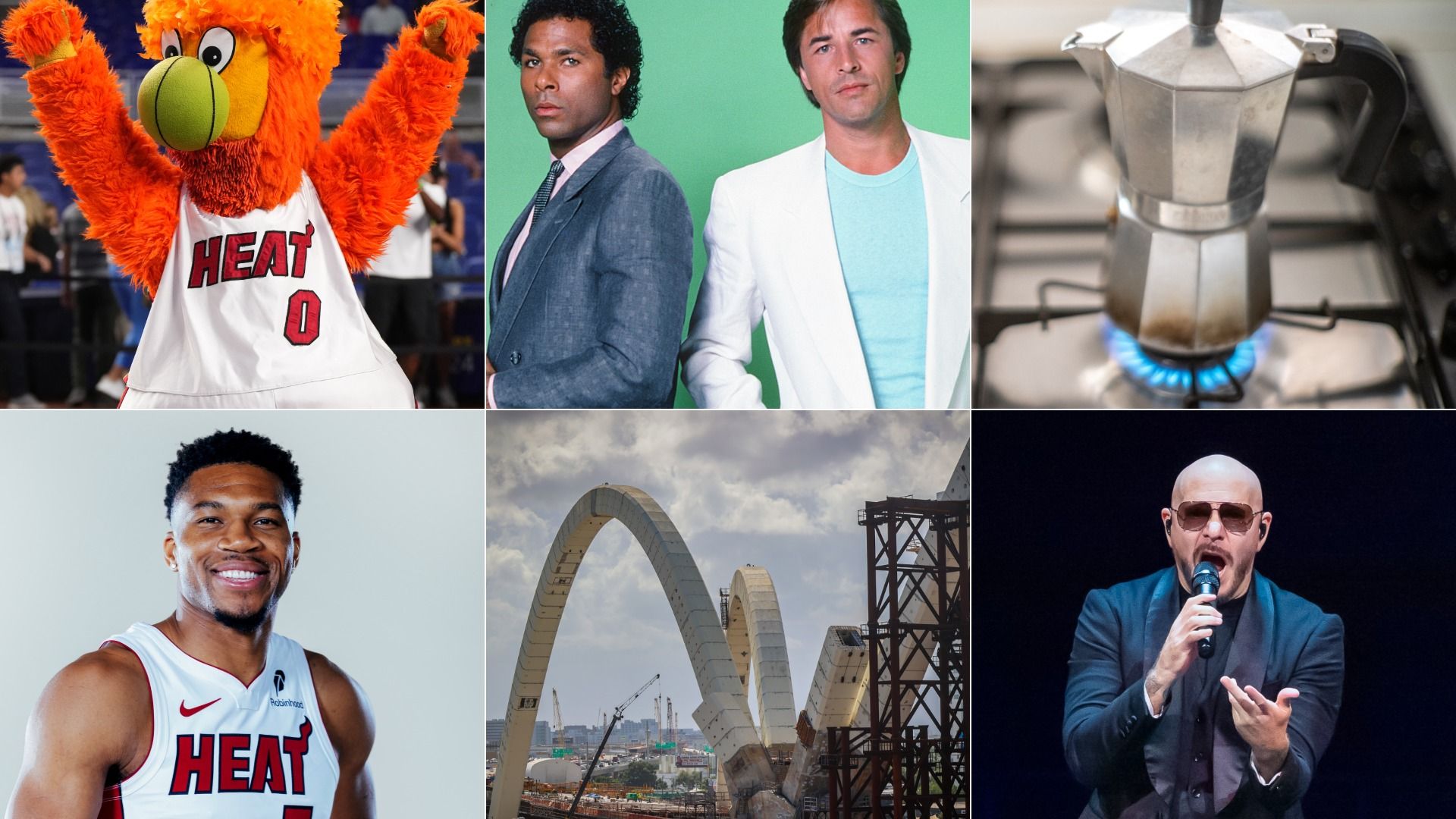 A six-way photo collage shows Miami's famous celebrities, characters and inanimate objects, including Pitbull, Burnie, the Miami Vice detectives, Giannis Antetokounmpo, the I-395 signature bridge and a cafecito pot