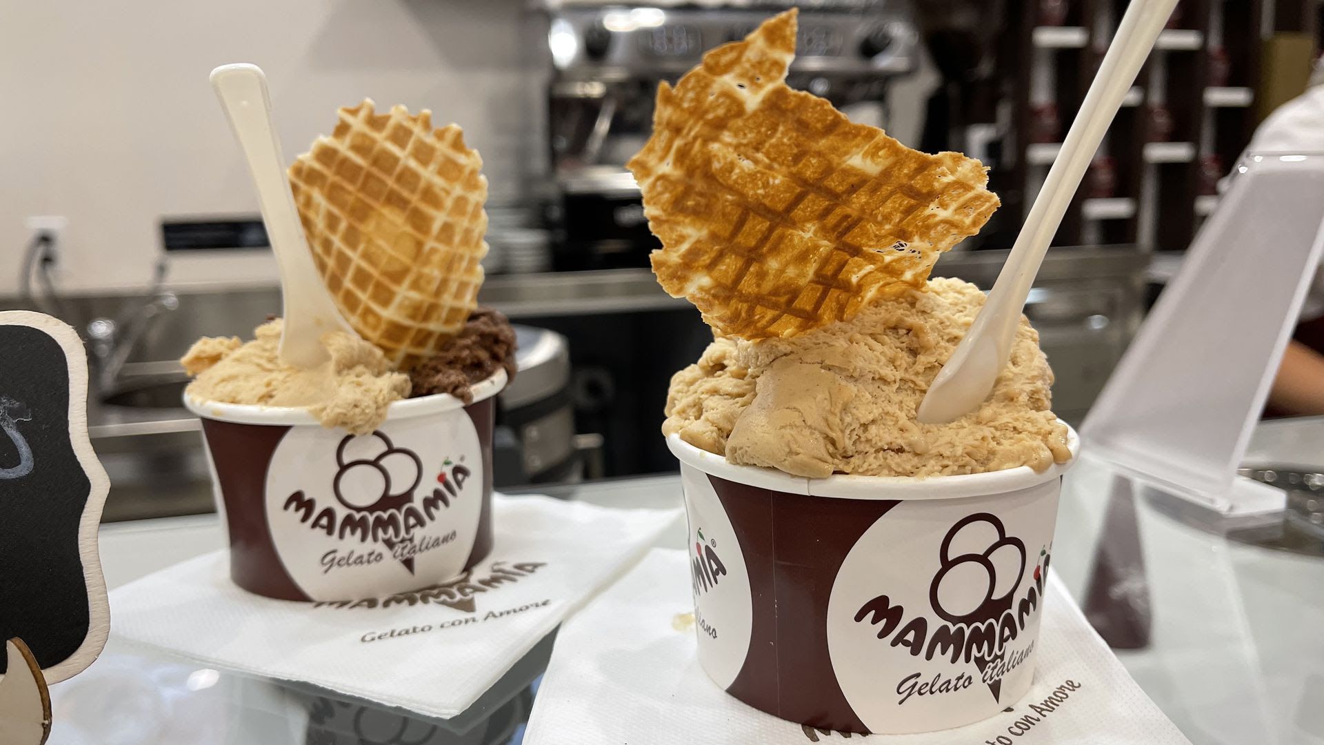 A Hazelnut-chocolate combo and just hazelnut gelato from Mamamia Gelato