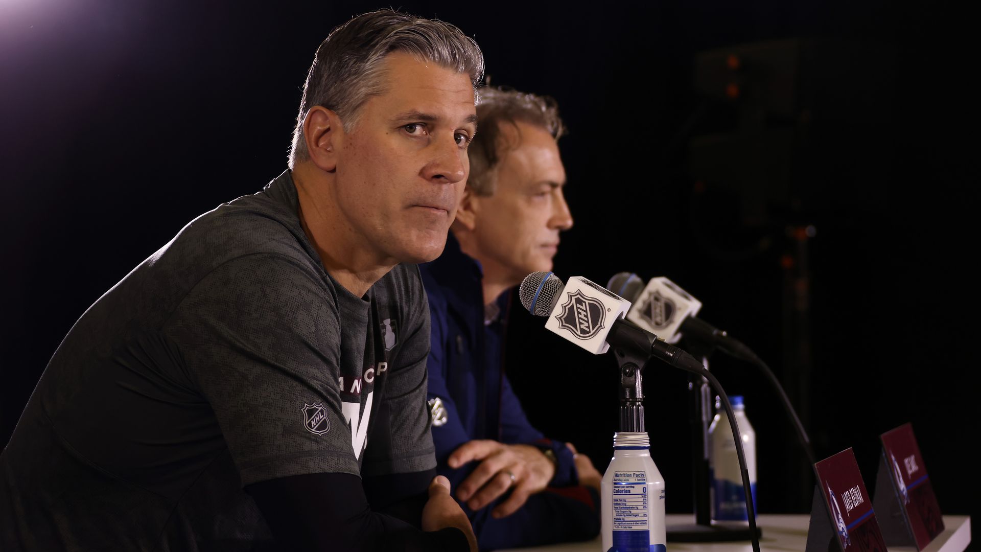 Colorado Avalanche coach Jared Bednar and general manager Joe Sakic on June 14 at Ball Arena. Photo: by Dave Sandford/NHLI via Getty Images