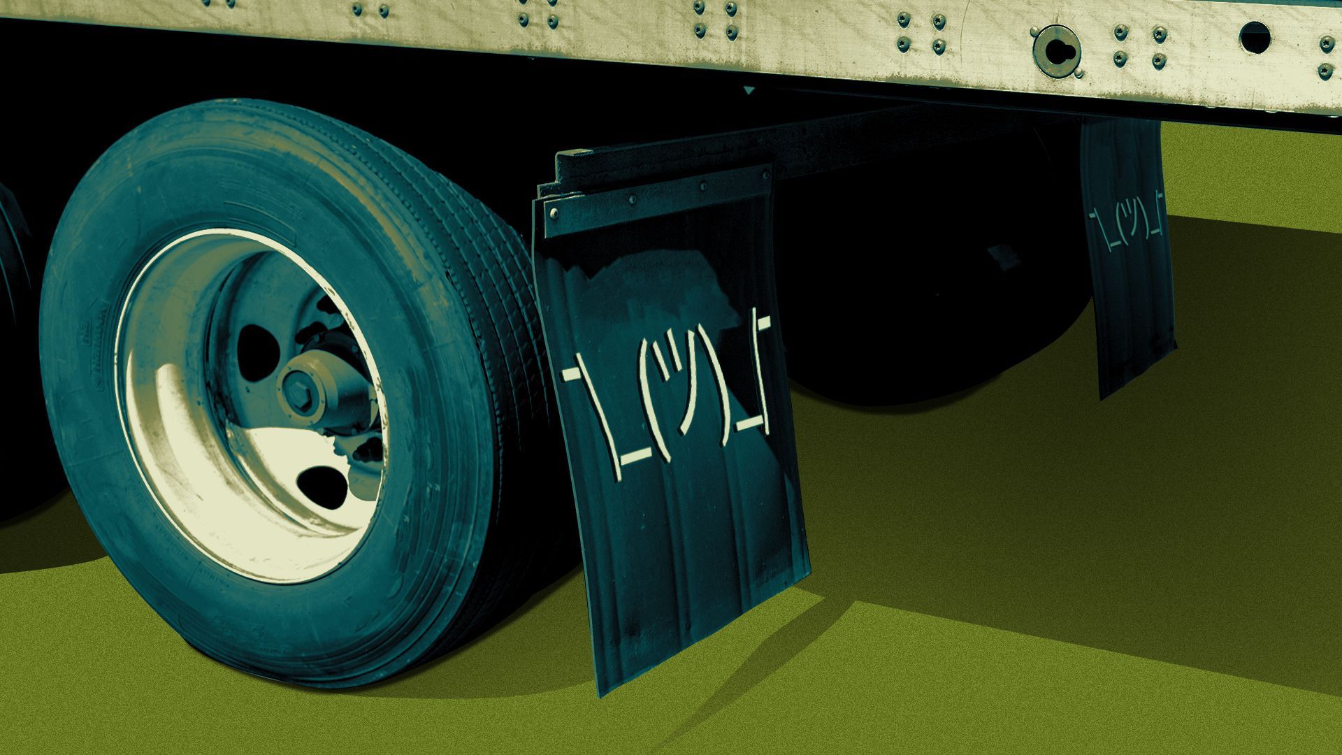 Illustration of an 18-wheeler's mudflap with a shrug emoji on it.