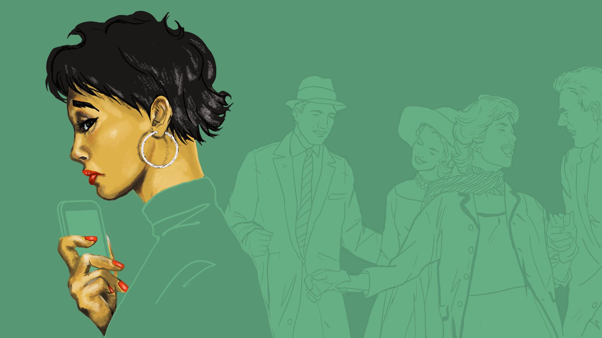 Illustration of a woman clutching a cell phone with people partying behind her