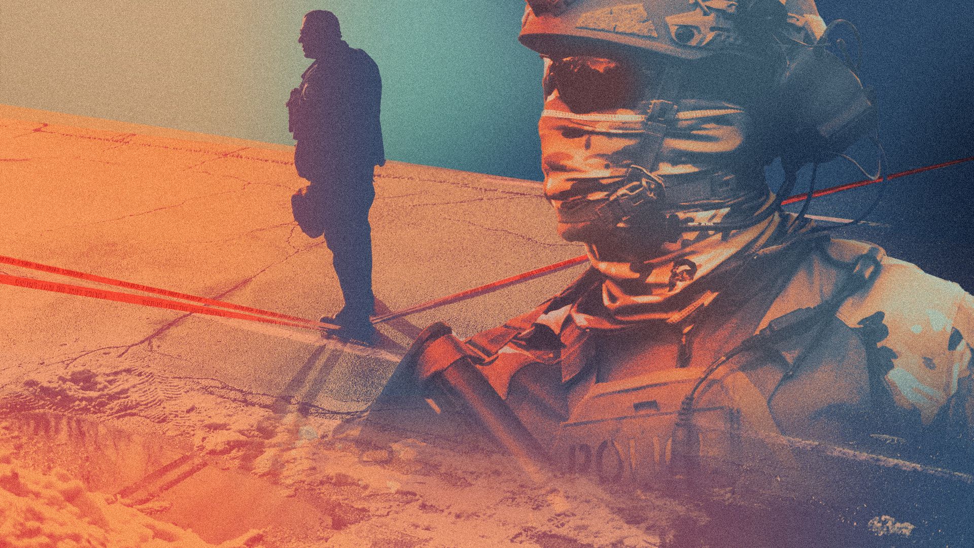Photo illustration of a federal agent overlayed over a photo of a Minneapolis police officer holding a perimeter around the scene of a shooting by an ICE agent