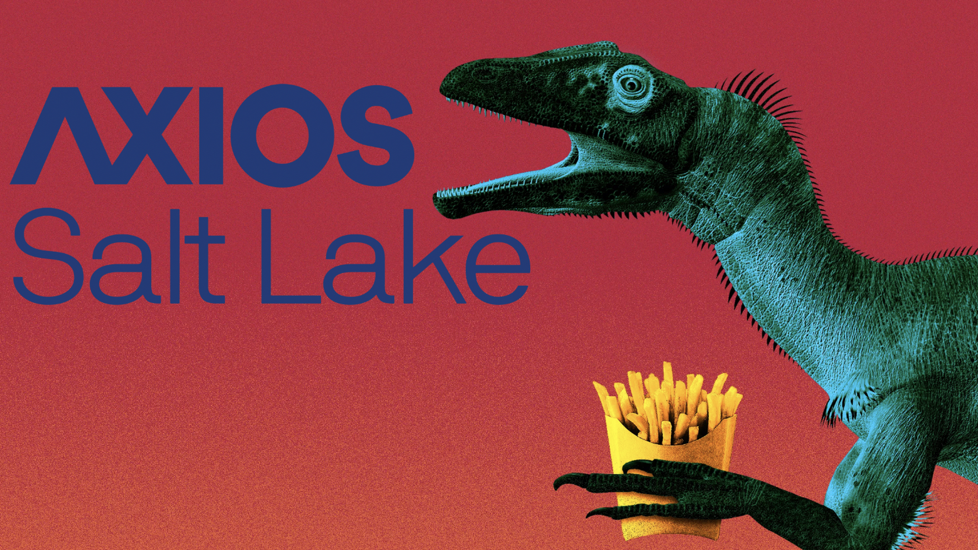 Illustration of a utahraptor holding french fries.