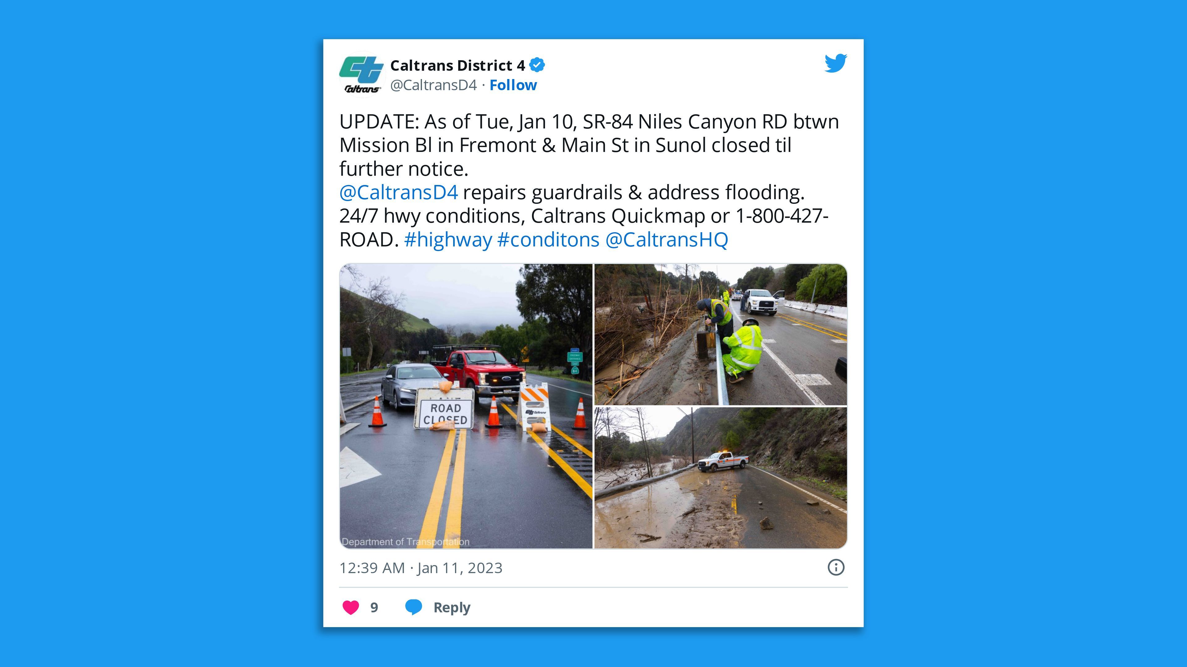 A screenshot of a California Department of Transportation photo tweet showing emergency responses to landslides on roads across the state.