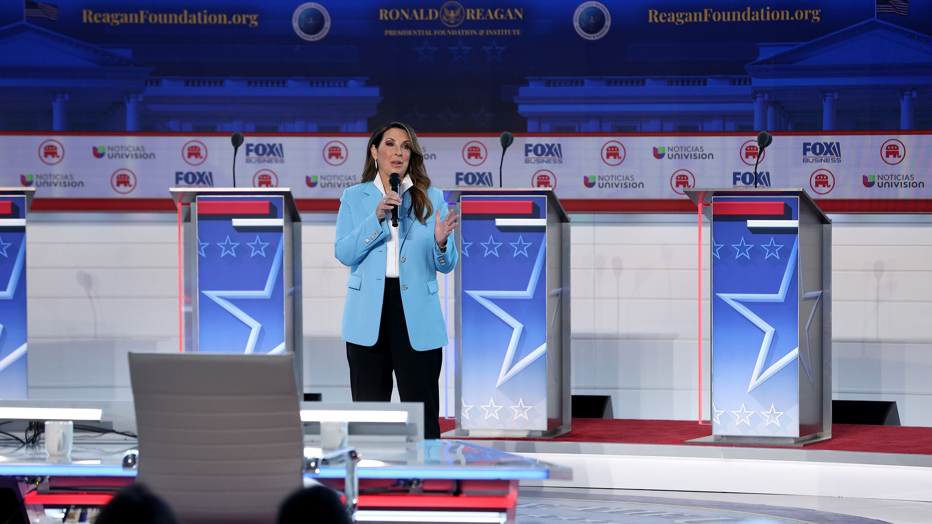 Ronna McDaniel, Chair of the Republican Party, delivers remarks during the FOX Business Republican Primary Debate at the Ronald Reagan Presidential Library on September 27, 2023 in Simi Valley, California. 