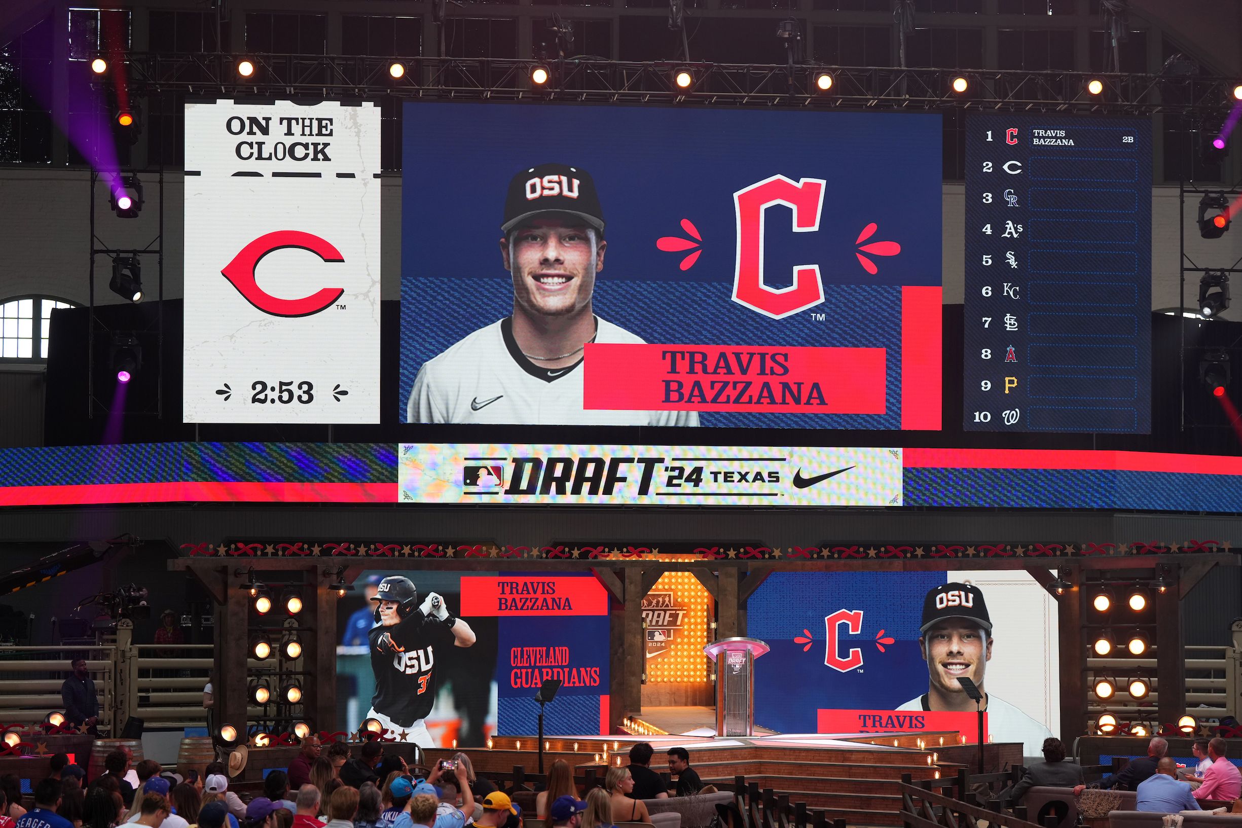 Photo of stage at the MLB Draft as the Cleveland Guardians make the No. 1 pick. 