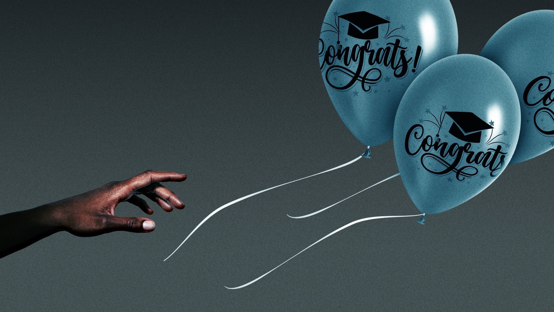 Illustration of a Black student's hand reaching out as graduation congratulatory balloons drift away.