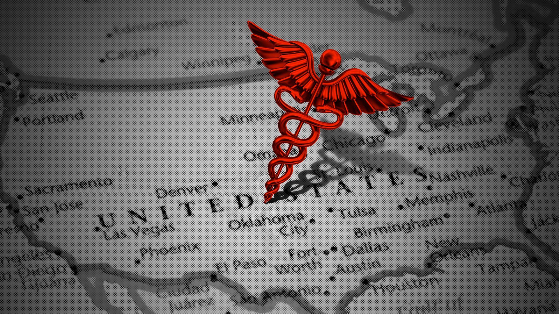 Illustration of a caduceus spearing a map of the United States.