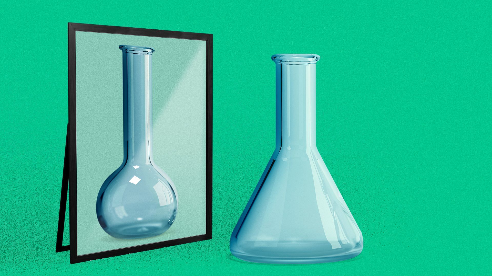 Illustration of a beaker looking into a mirror and seeing a different beaker as its reflection.