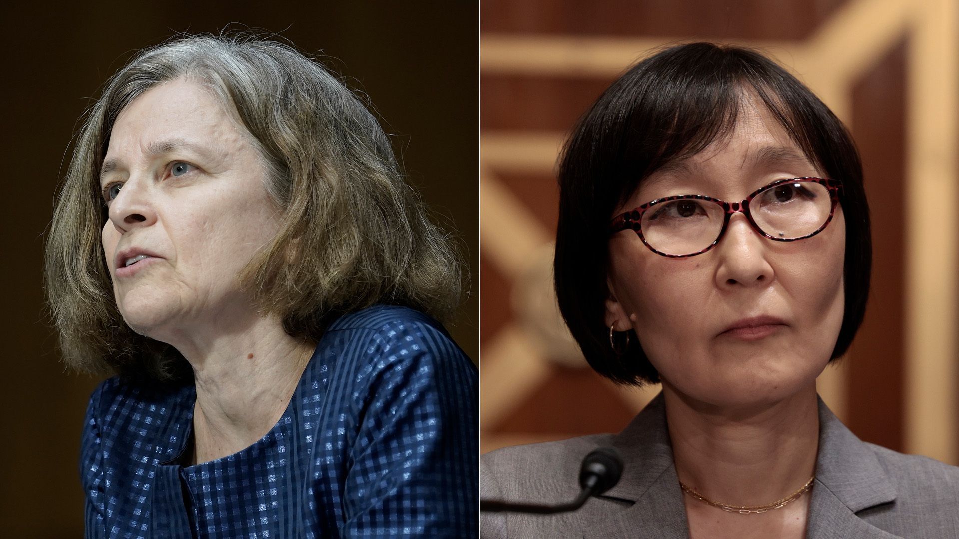 Sarah Bloom Raskin (left) and Saule Omarova at Capitol Hill confirmation hearings.
