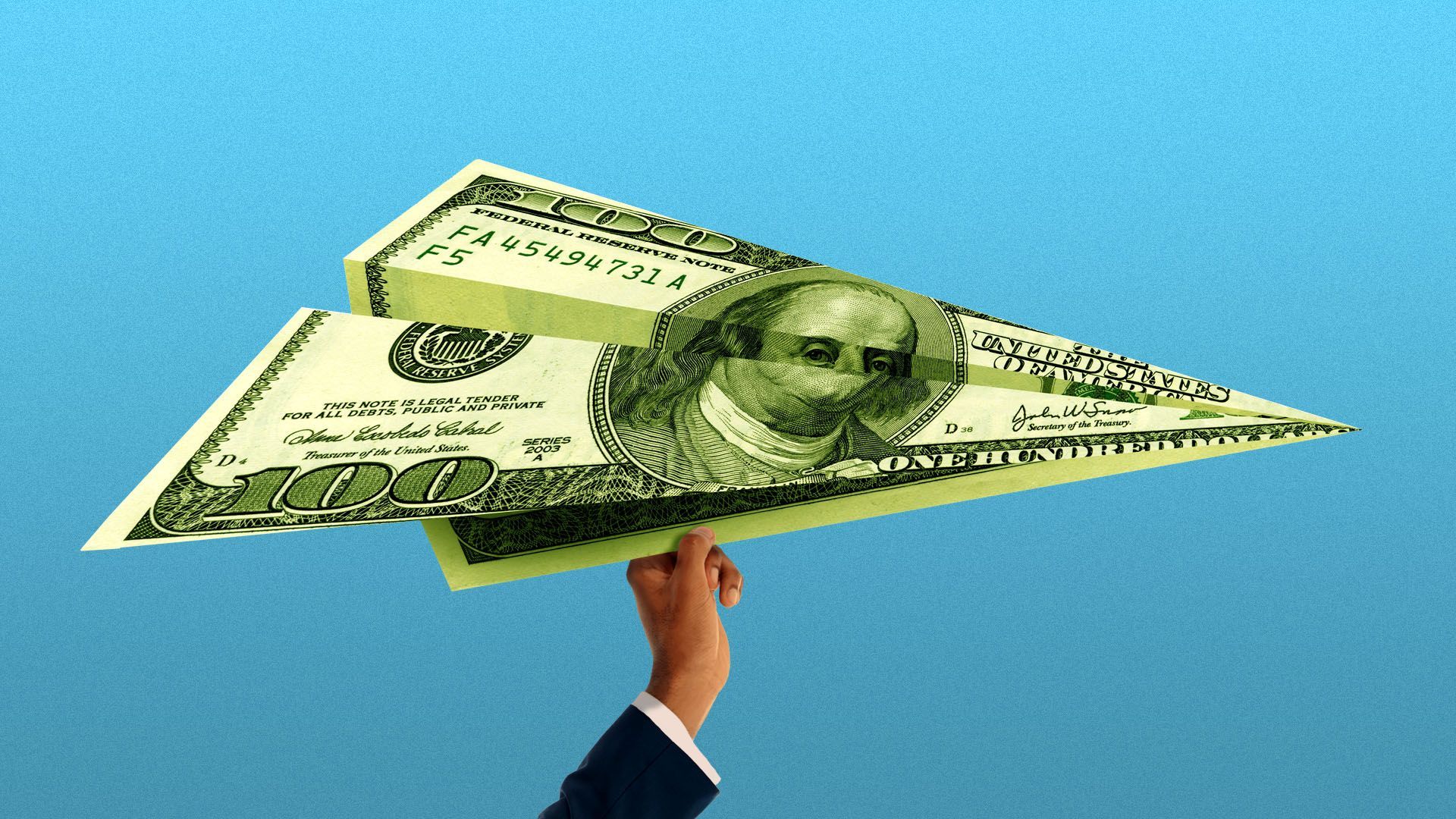 Illustration of a hand in a suit holding a giant hundred dollar bill paper airplane
