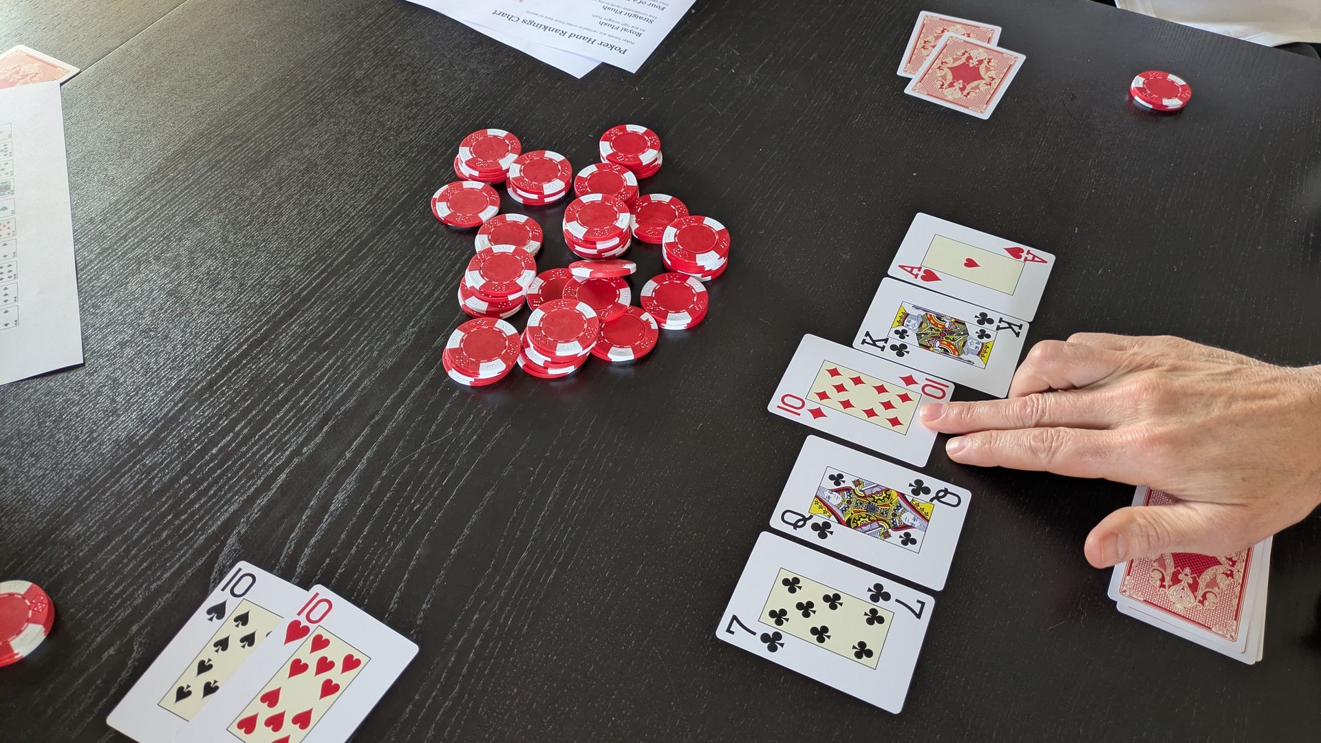 Overhead view of a poker game on a dark wooden table: a pile of red and white chips in the center, several cards laid out, a player's hand reaching in, and a printed rules sheet nearby.