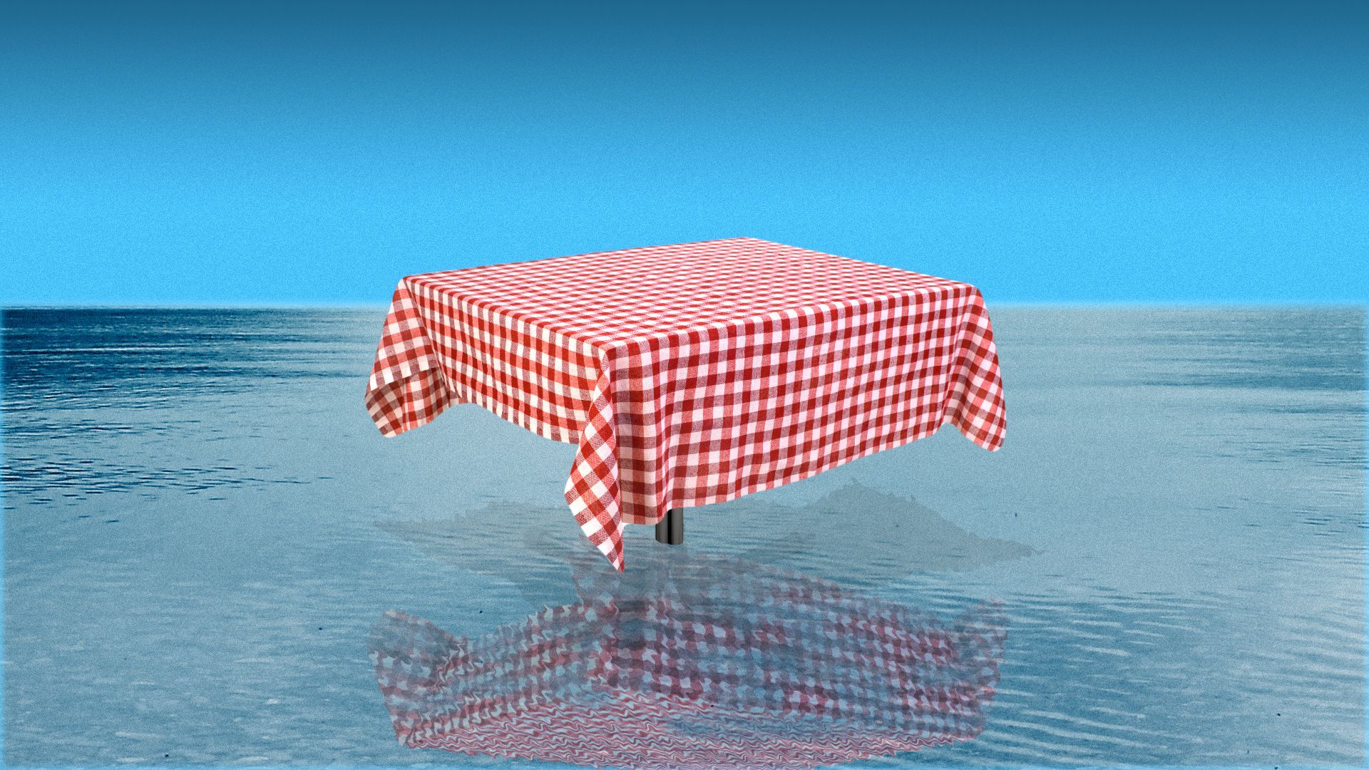 Illustration of a restaurant dining table with checkered tablecloth placed in the middle of a body of water
