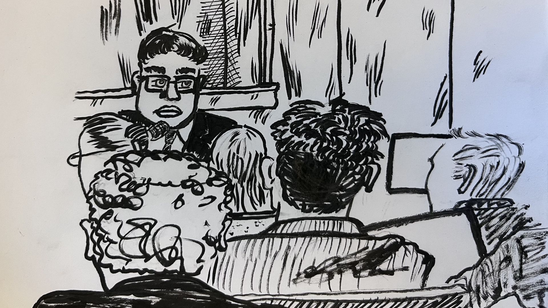 A drawing of a man testifying in court while others listen