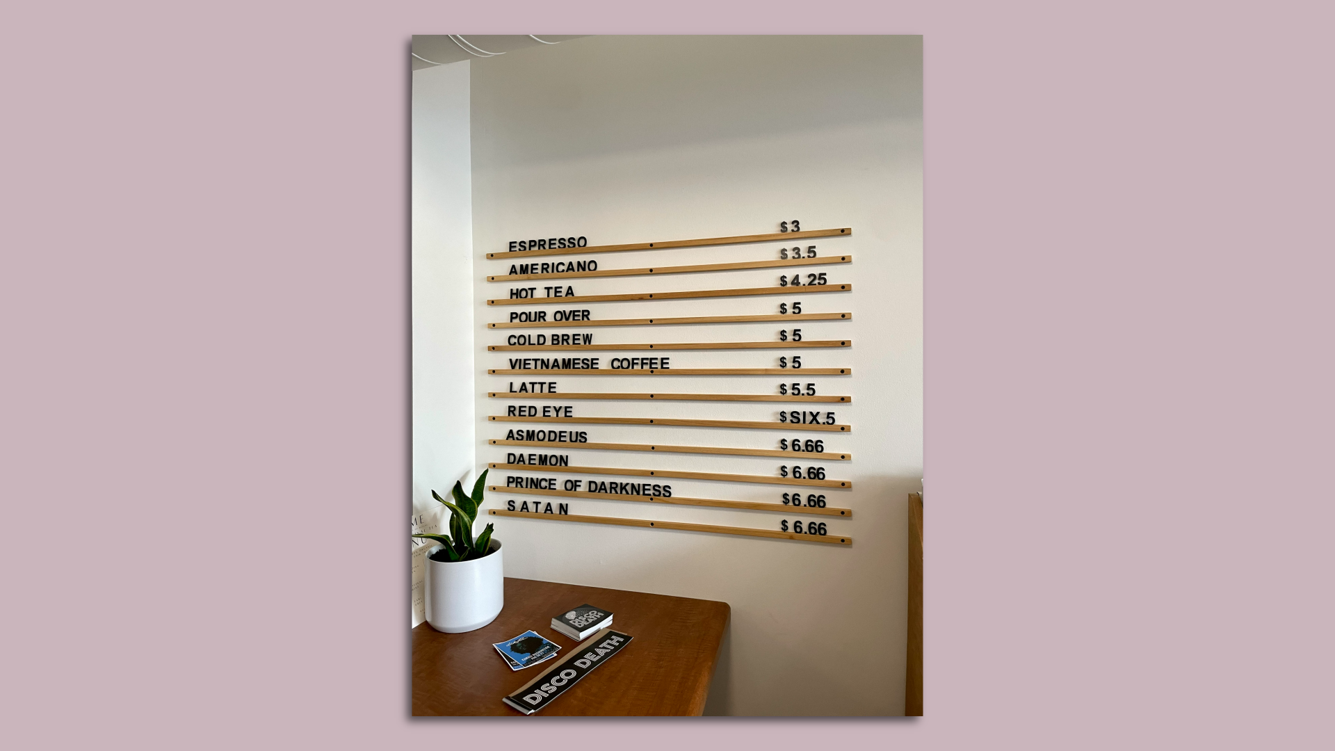 A coffee menu with names of demons on it.