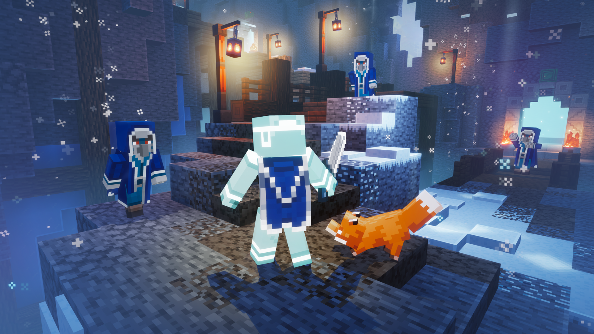 Video game screenshot of blocky human characters and a fox in a snowy environment