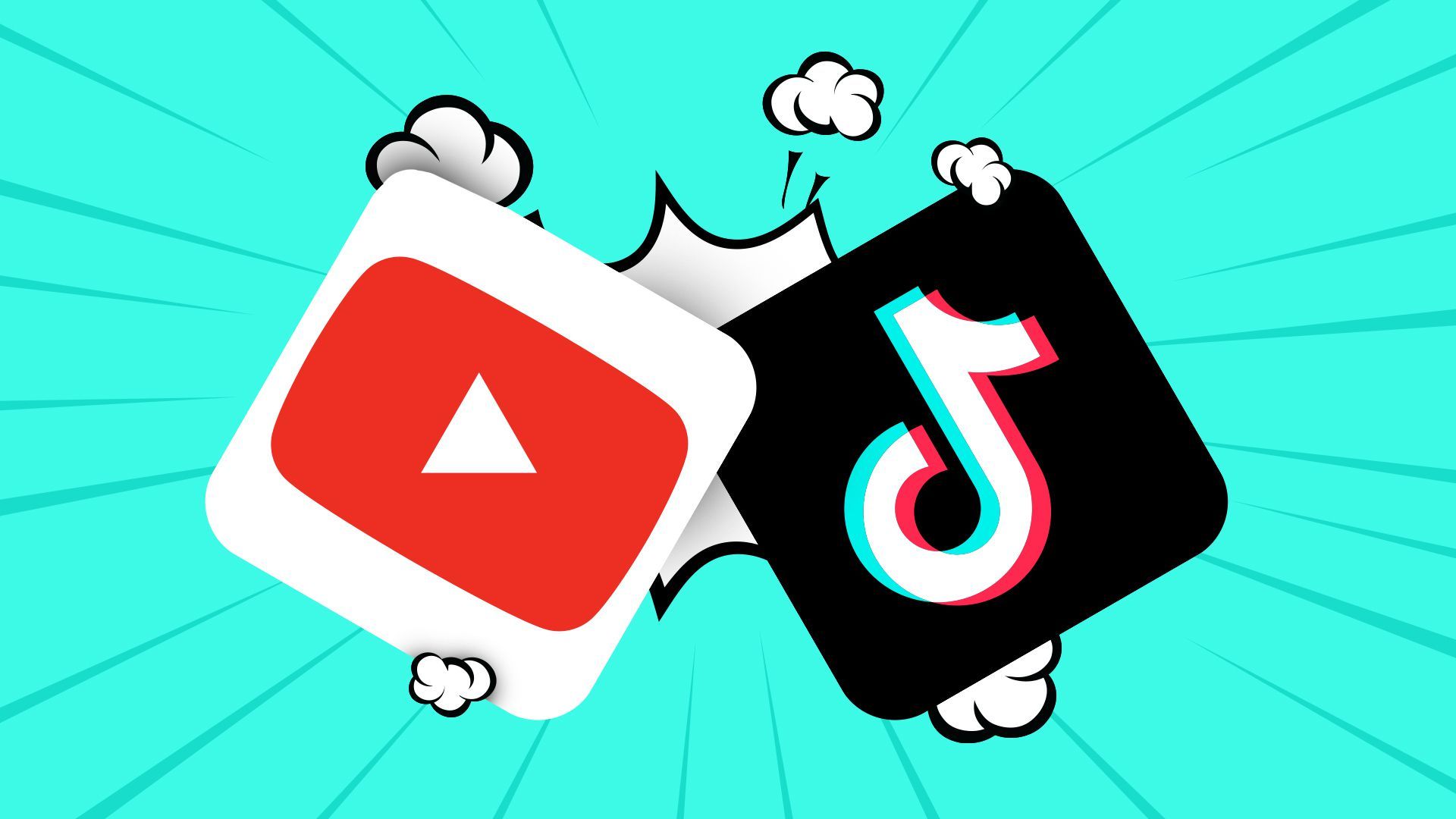 Illustration of the Youtube and TikTok app logos battling in a comic book style. 