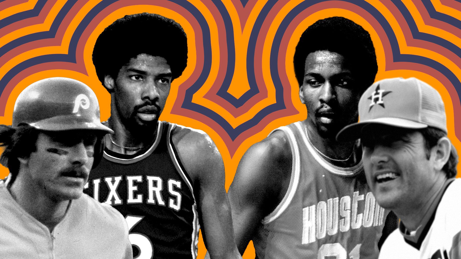 Photo illustration of Mike Schmidt, Julius Erving, Moses Malone and Nolan Ryan with multicolored lines surrounding them