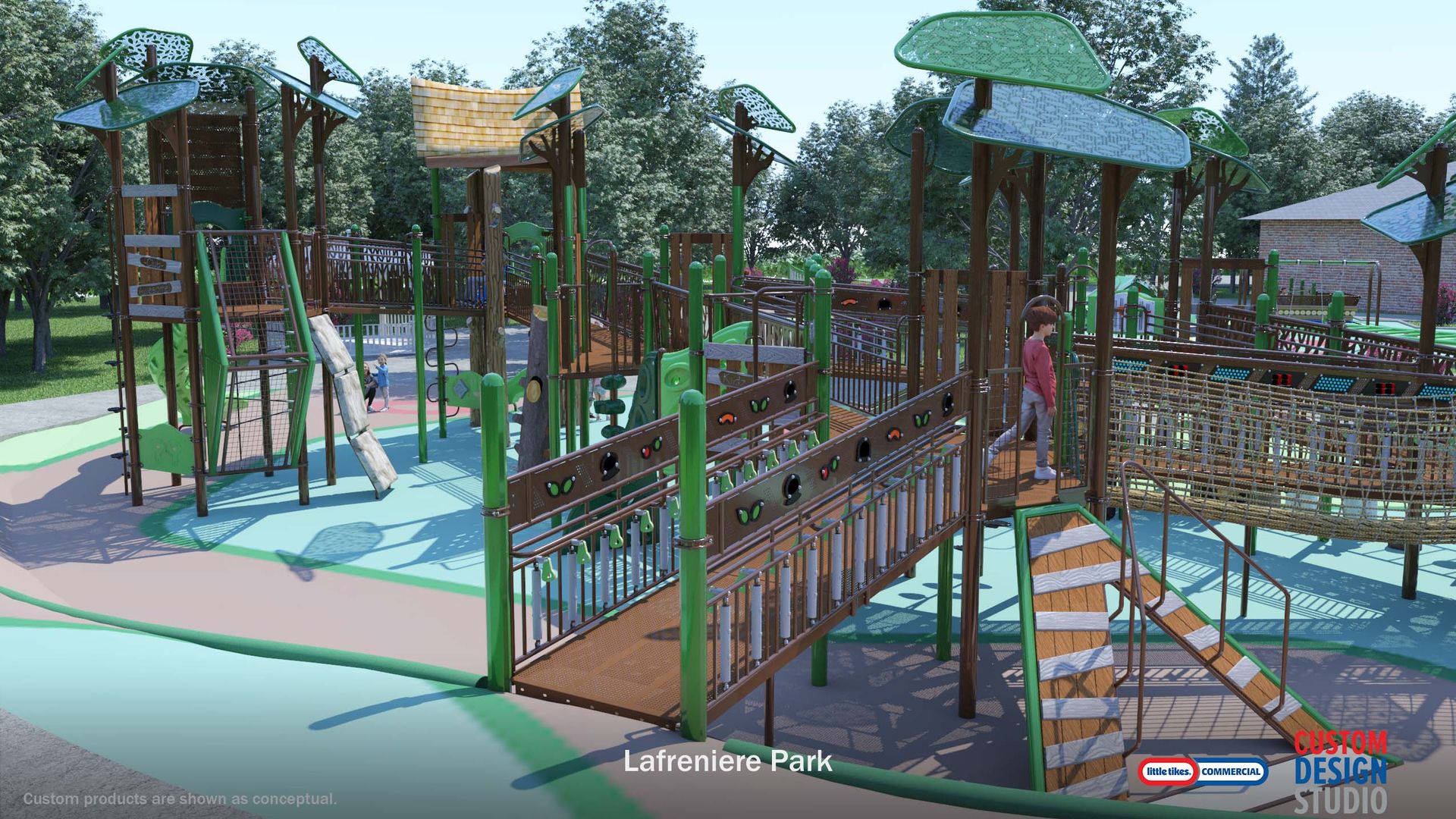 Photo shows play structures in a park.