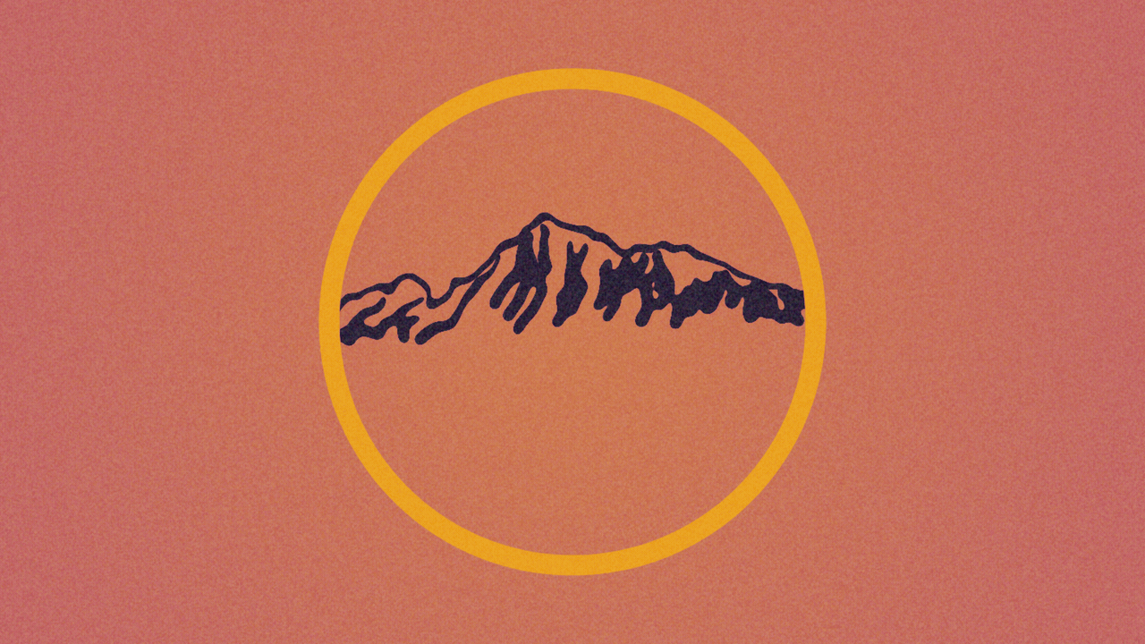 Animated illustration of a circle with a Camelback Mountain design in it. The lines forming the mountain rearrange themselves to write "Trail Mix."