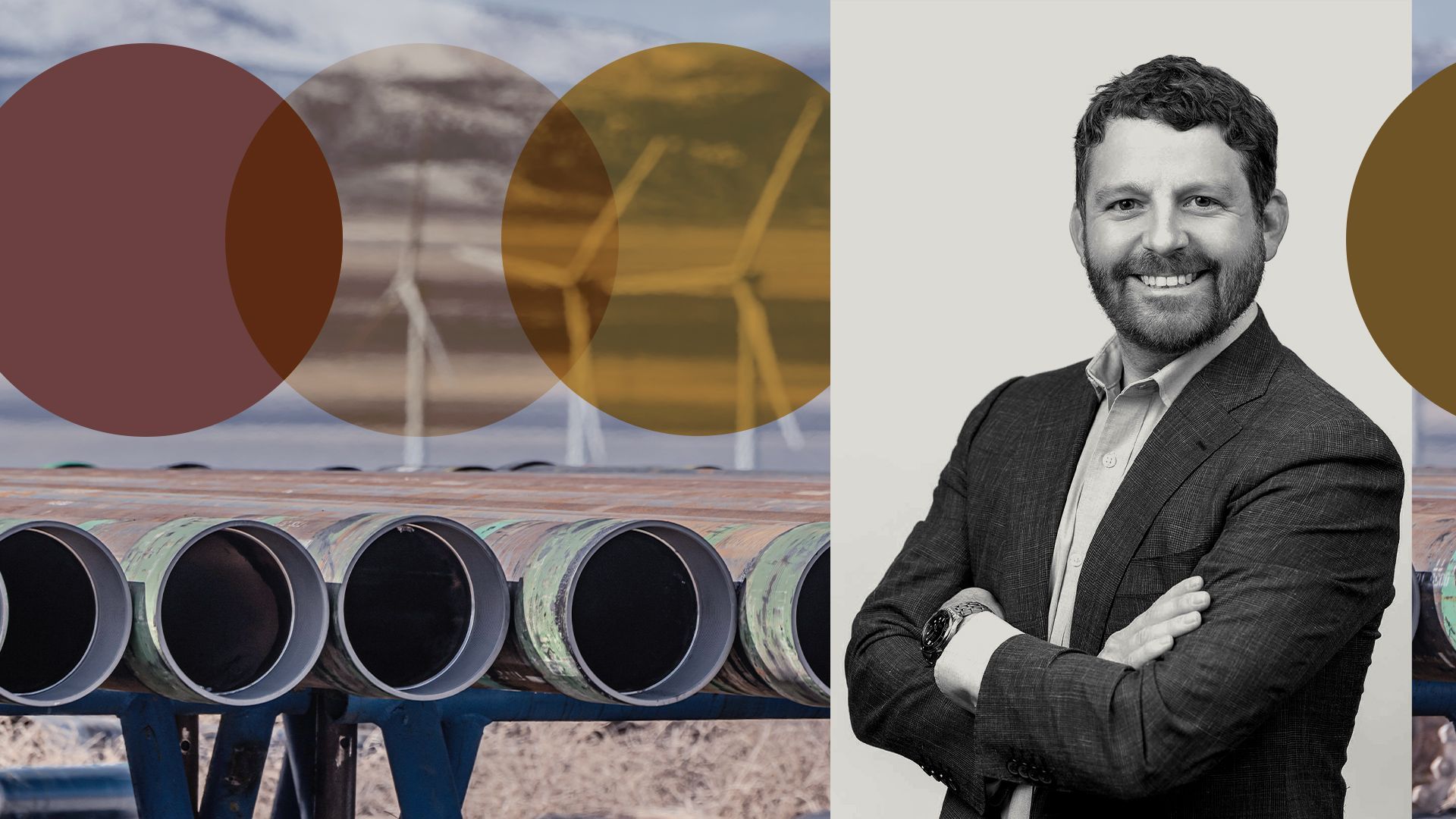 Photo illustration of Tim Latimer with an image of their Cape Station project in Beaver County, Utah and abstract shapes.