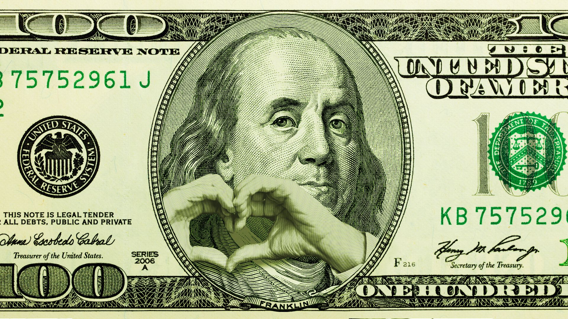 Illustration of Benjamin Franklin on a hundred dollar bill making the heart sign with his hands