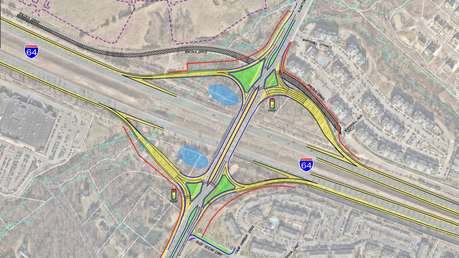 An aerial diagram of a large highway interchange (I-64) with looping ramps, yellow lane markings, green medians, blue water features, teal contour lines, purple dashed boundaries, and surrounding neighborhoods.