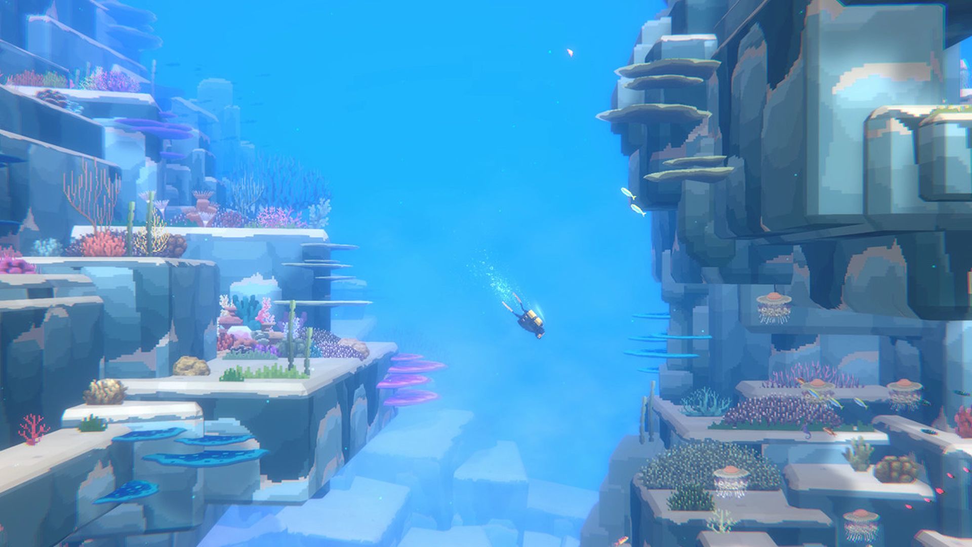 Video game screenshot of a man scuba diving in light blue water