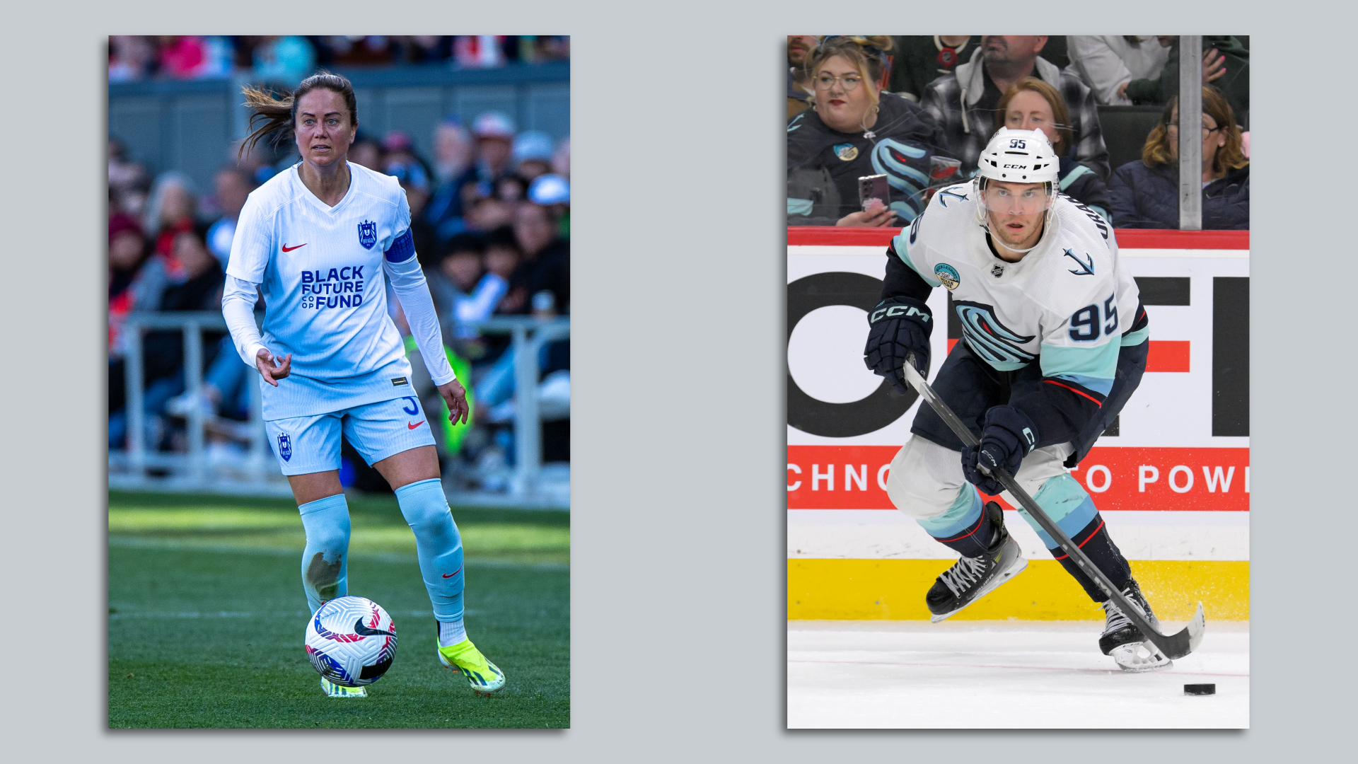 A woman plays soccer in photo and a man plays hockey in another.