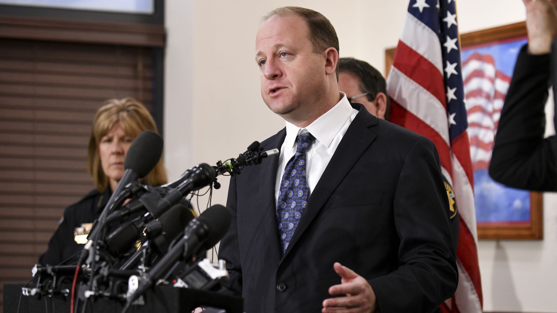 Colorado governor Jared Polis speaks to the media regarding the shooting at STEM School Highlands Ranch during a press conference 