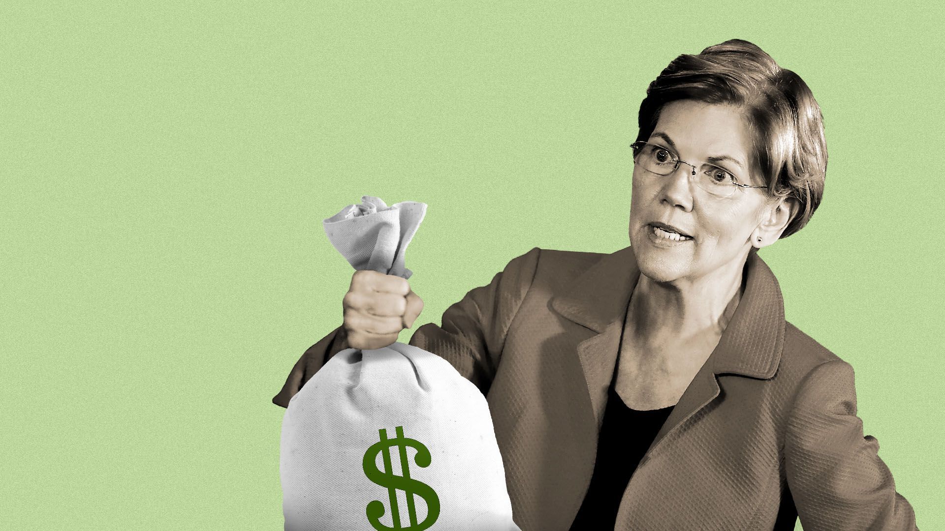 Illustration of Elizabeth Warren holding a bag of money