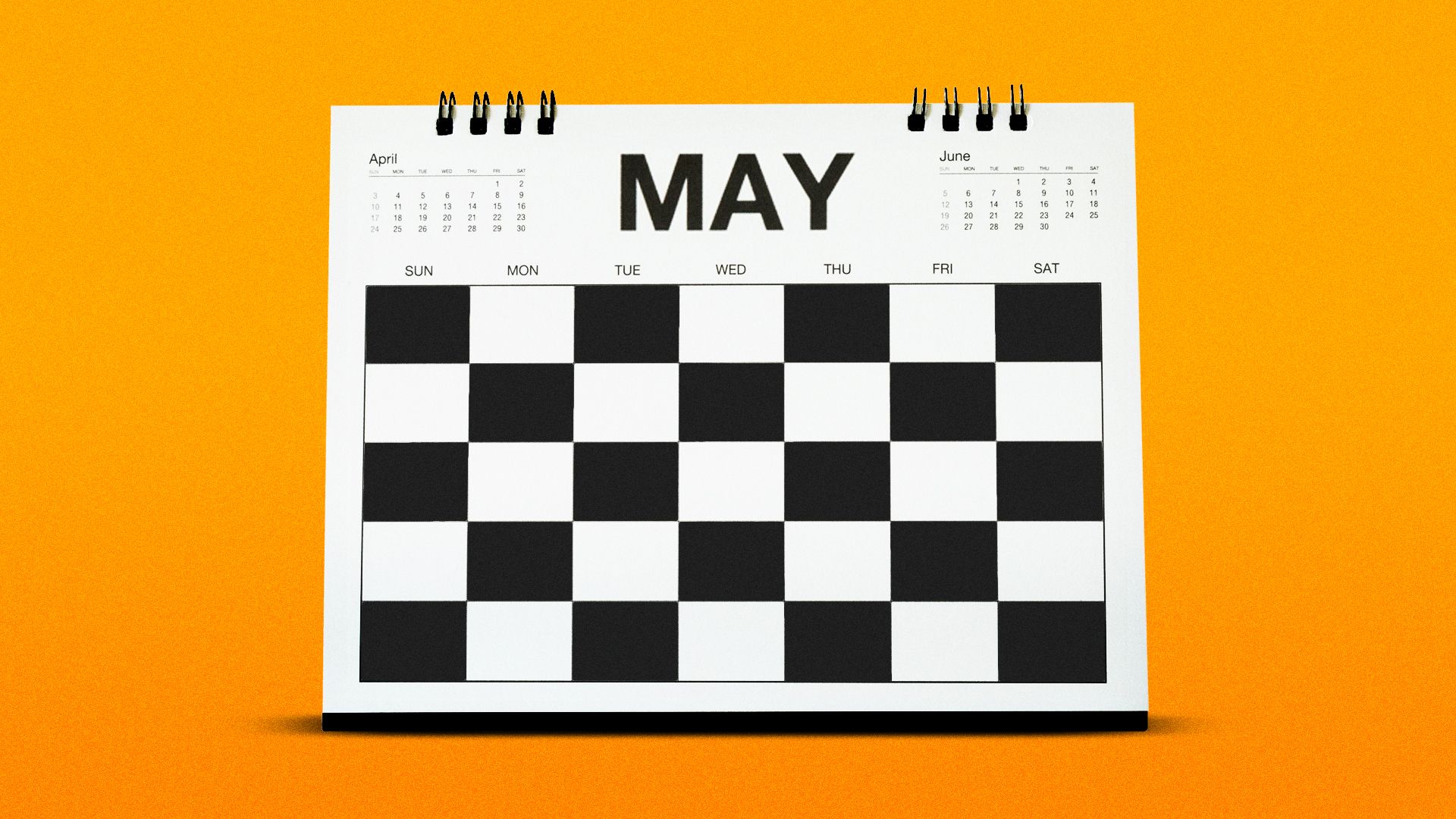 Illustration of a calendar flipped to May, with the days colored in to look like a checkered flag. 