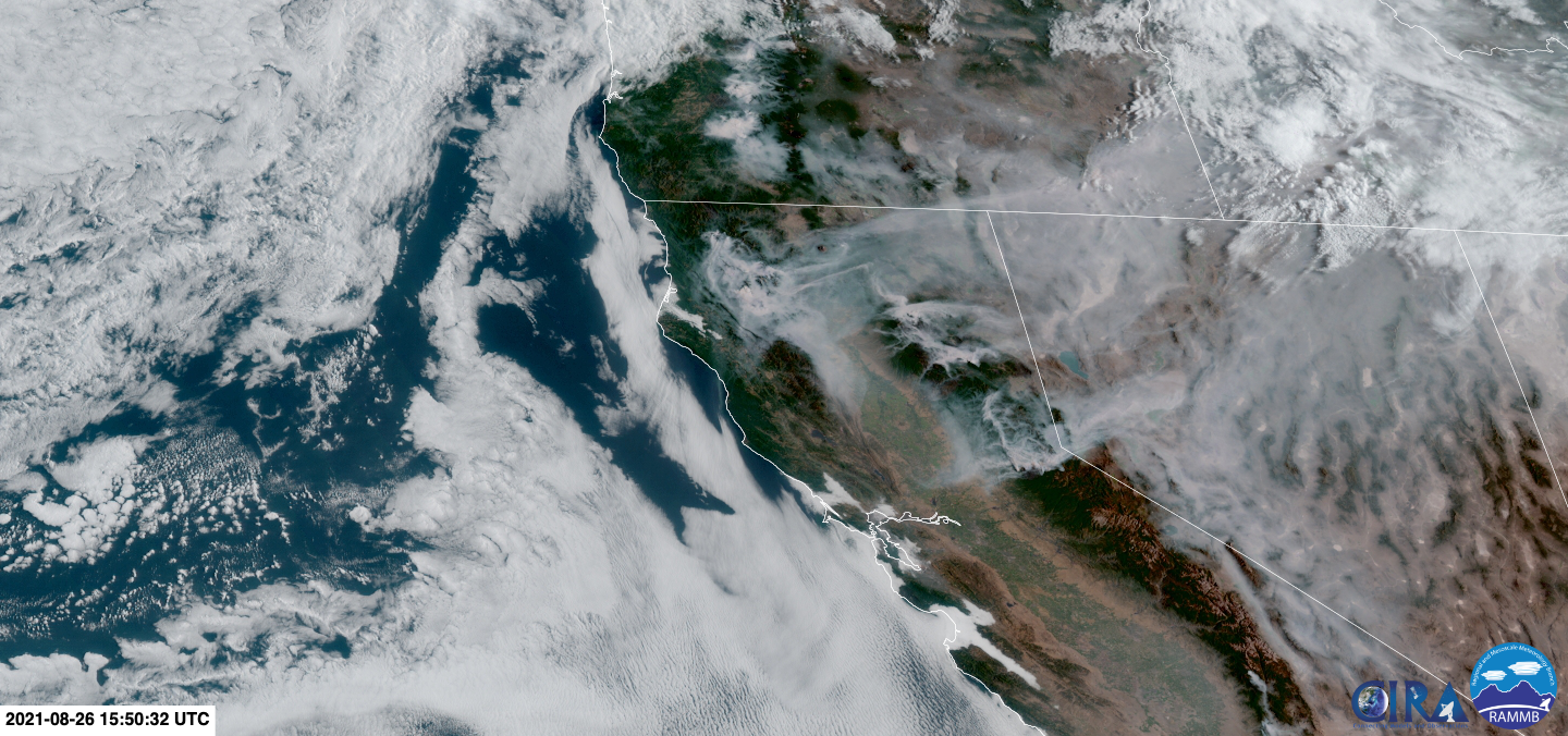 A satellite image of low-level smoke in Northern California.
