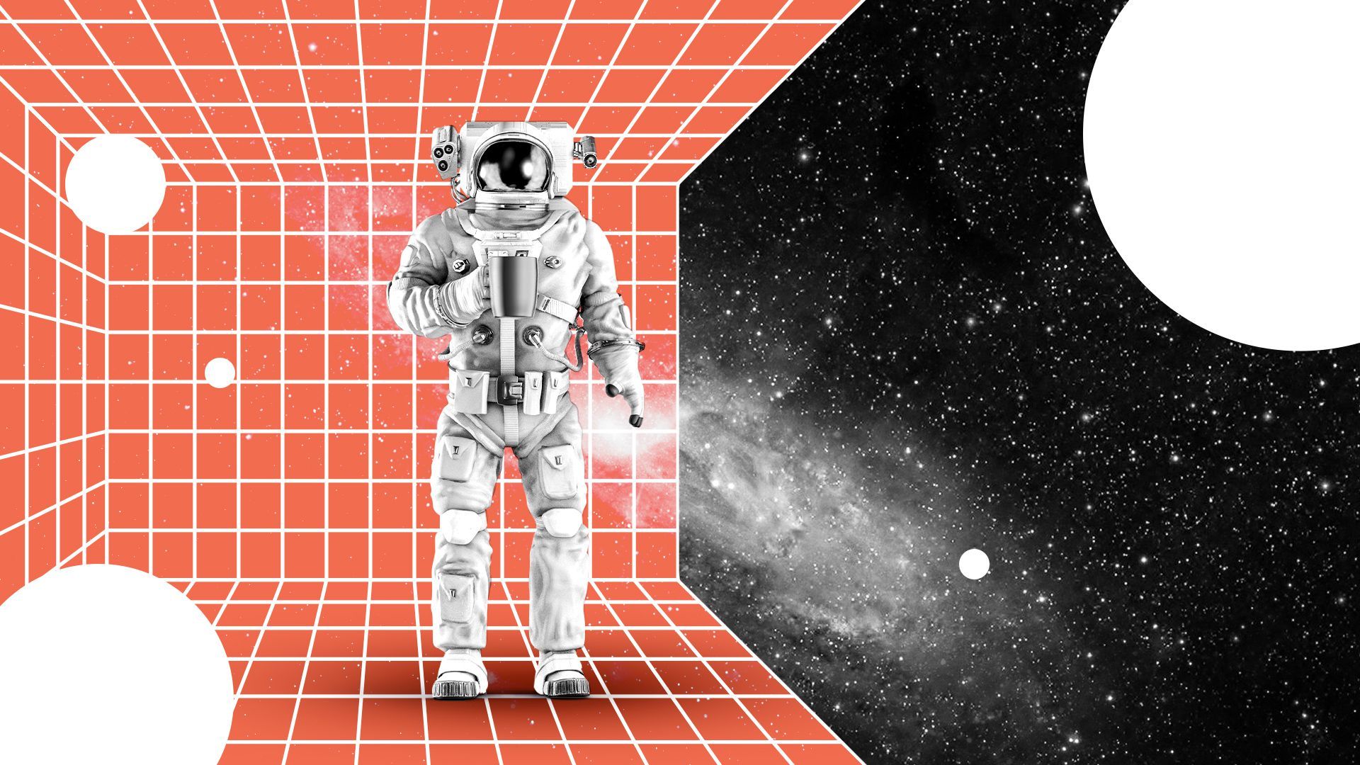 Illustrated collage of an astronaut holding a coffee mug in a gridded vortex in space. 