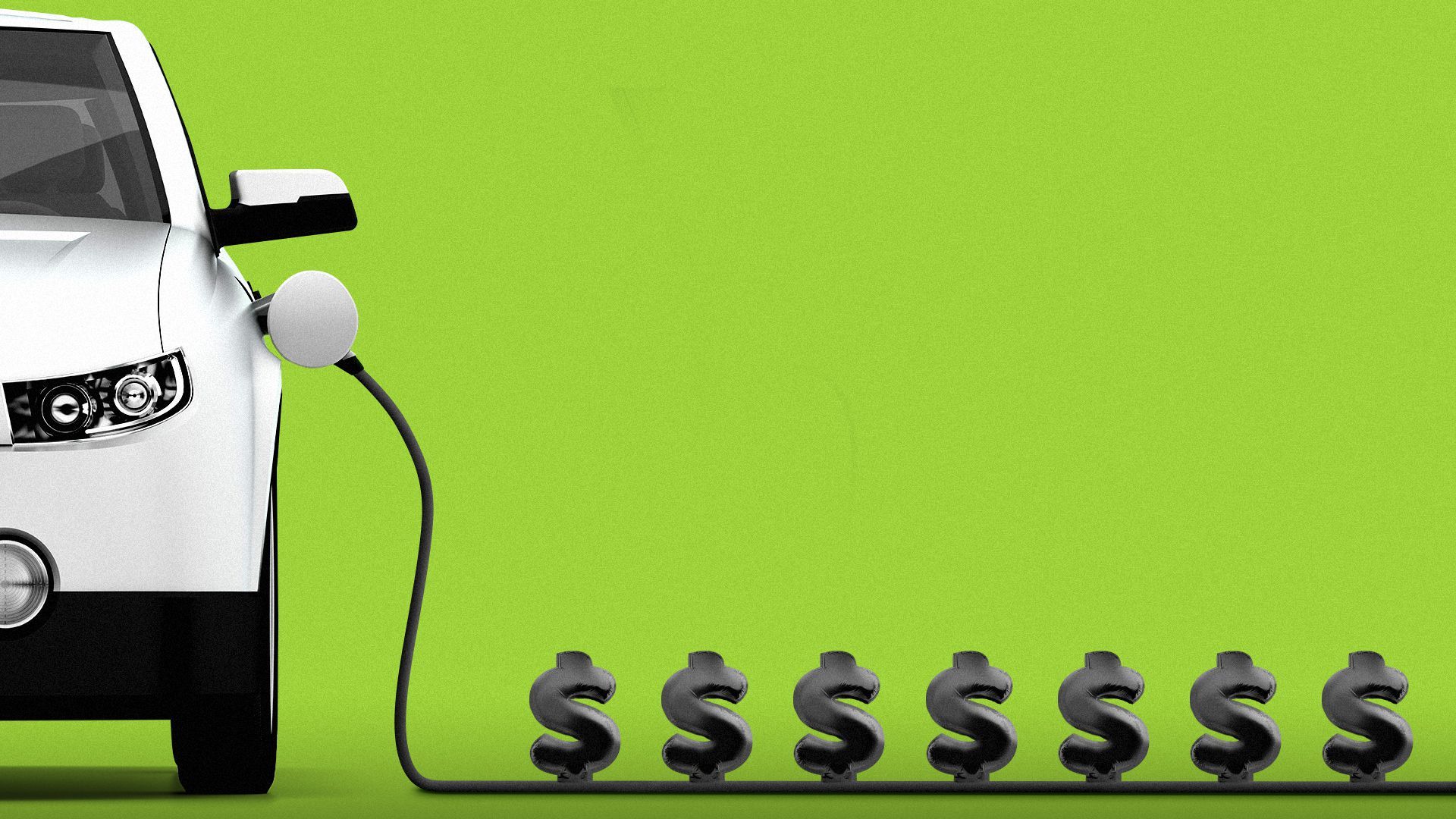 Illustration of an electric vehicle plugged in, the charging wire has dollar bill signs running inside of it towards the car.