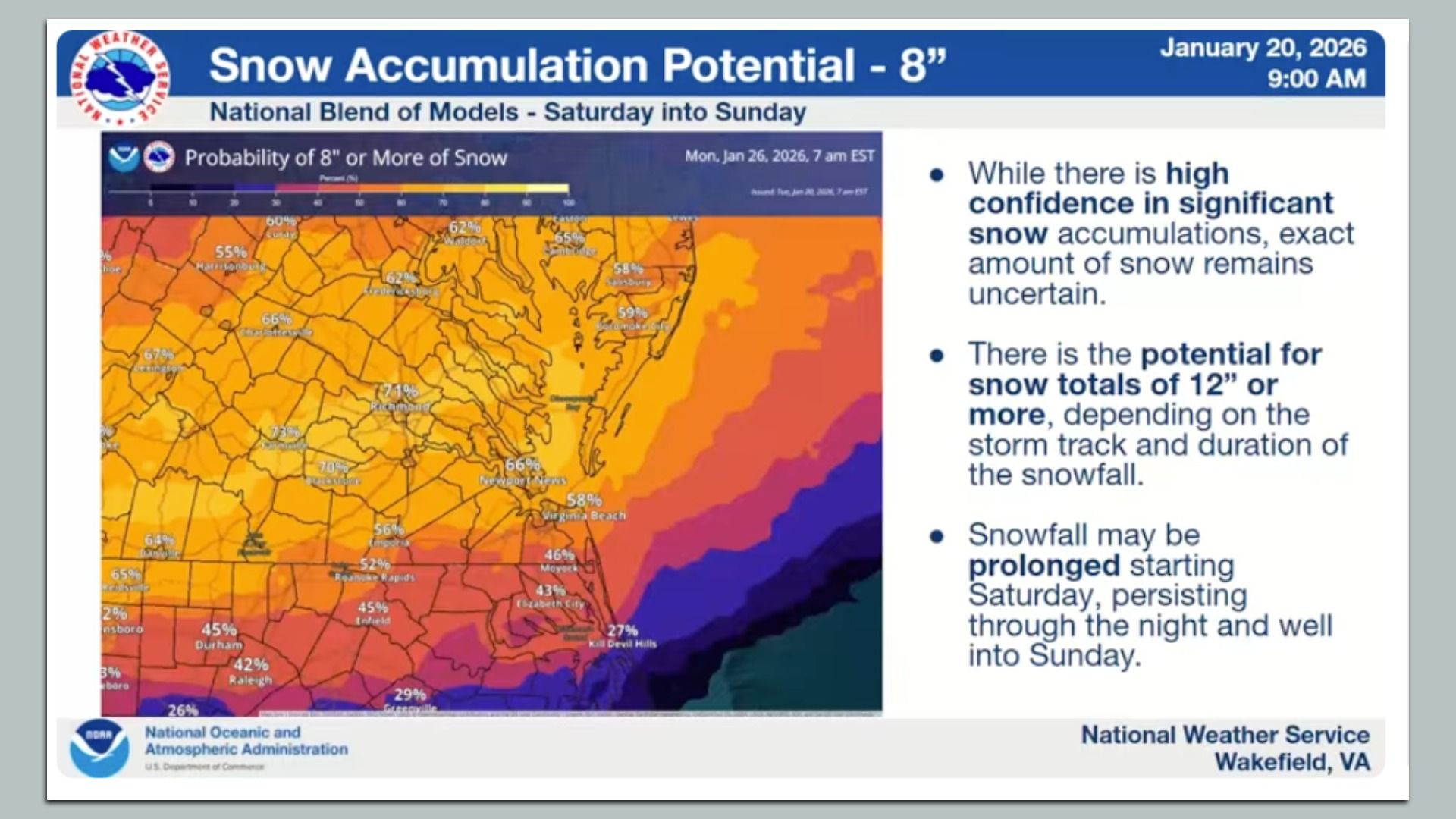 a map showing Richmond has a 71% chance of getting 8 inches of snow this weekend 