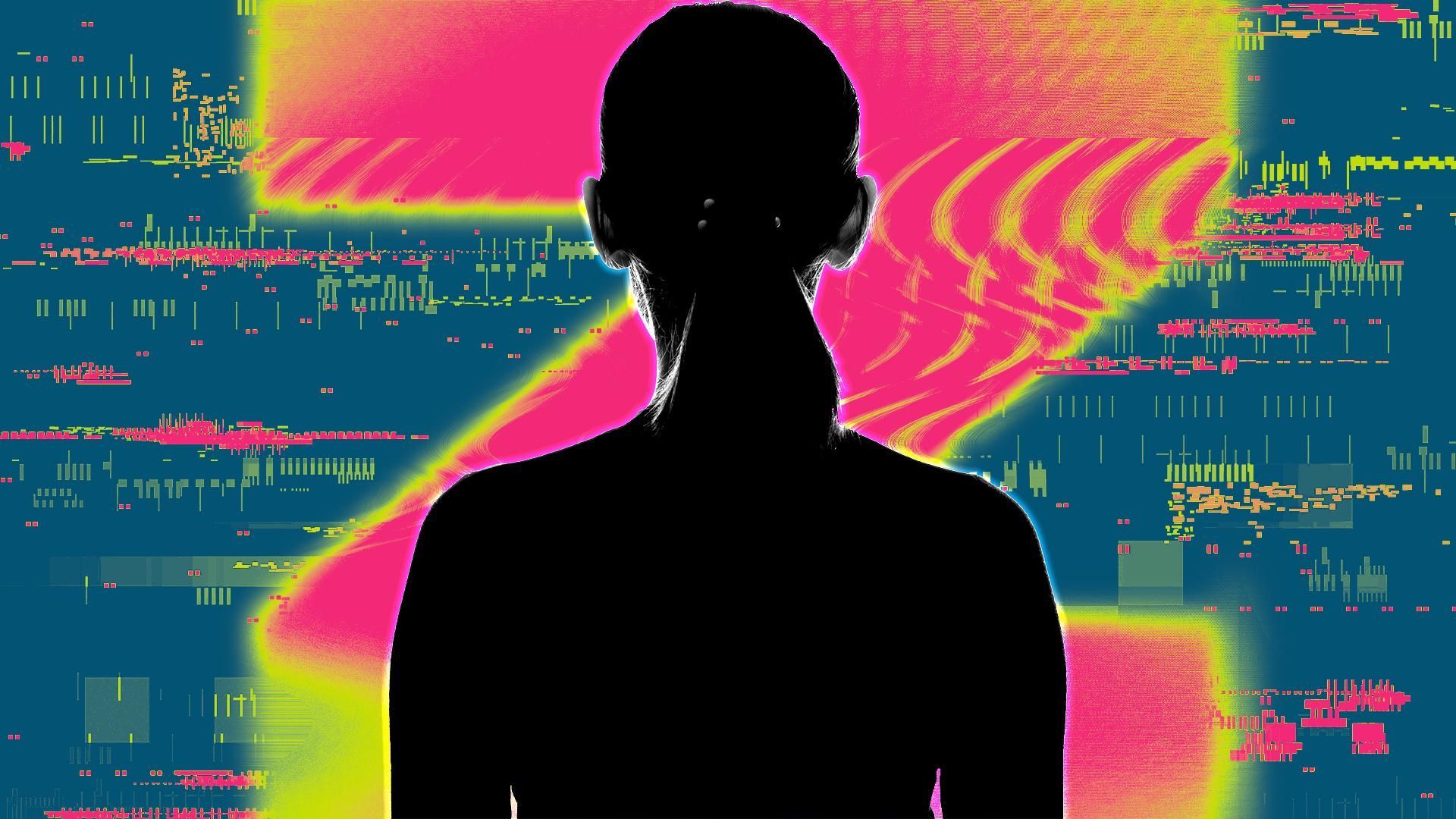 Photo illustration of a young woman surrounded by abstract shapes and glitchy textures.