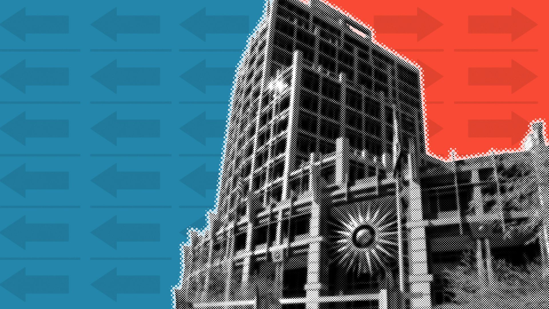 Illustration of Phoenix City Hall with abstract ballot shapes. 