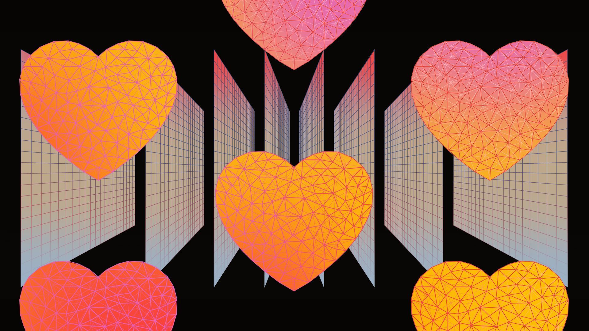 Illustration of wireframe hearts and rectangles over a black background