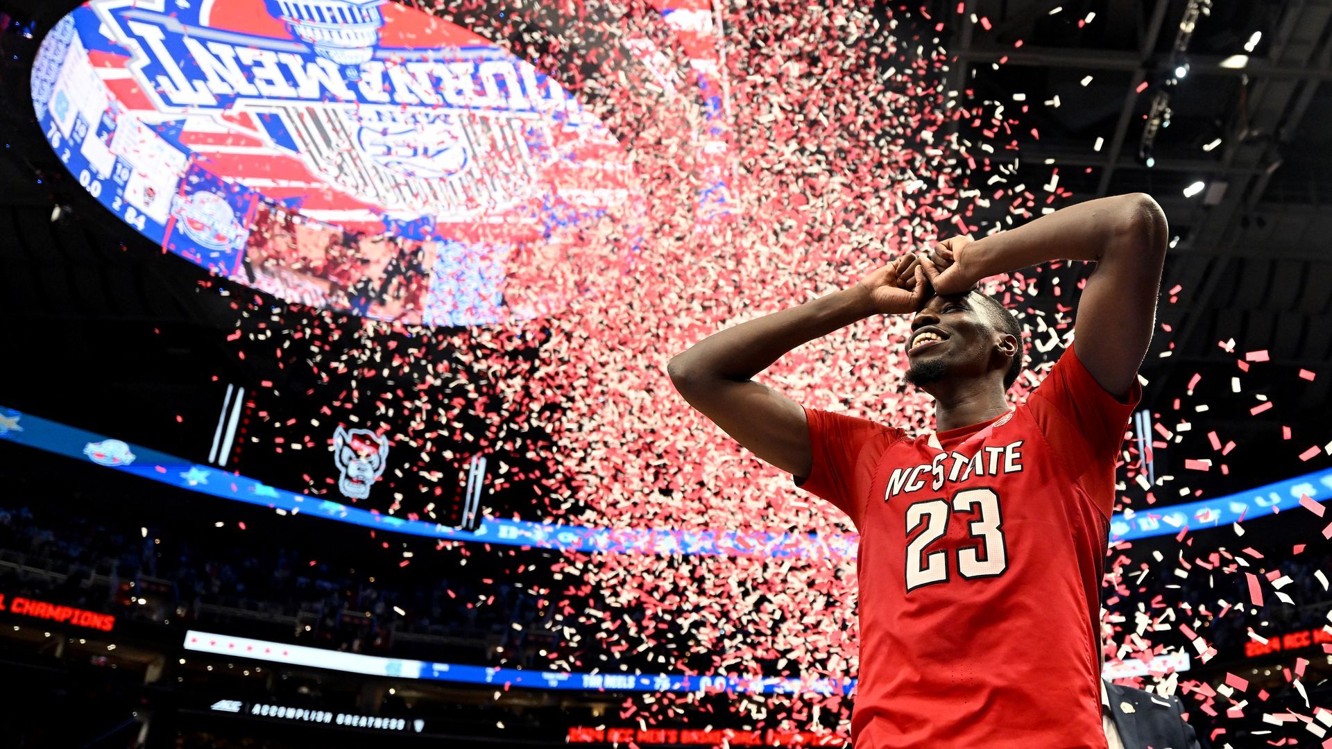 Mohamed Diarra under the confetti at Capital One Arena in Washington after N.C. State's improbable ACC Tournament victory.