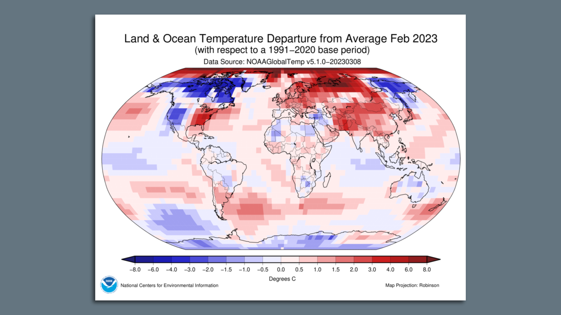 Map from NOAA showing worldwide temperature departures from average during February.