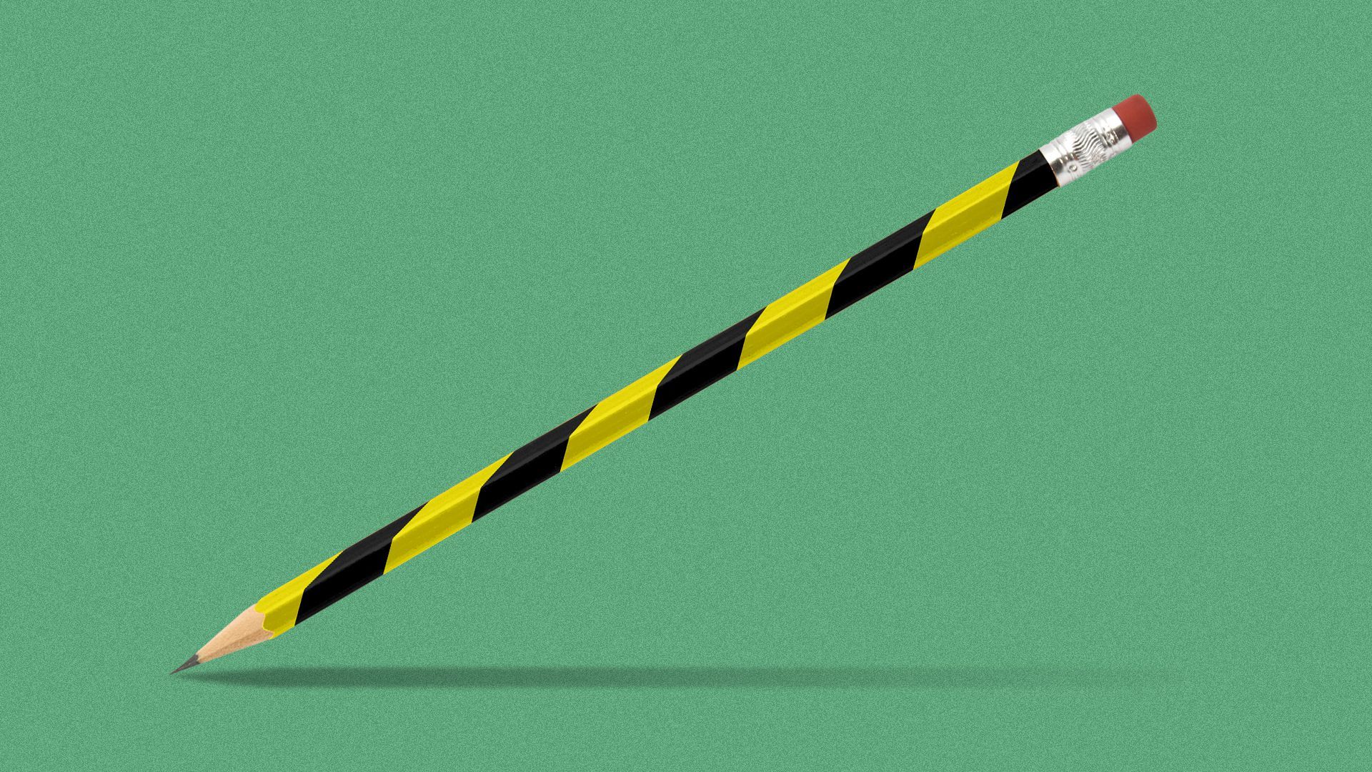Illustration of a pencil with security-style yellow and black stripes.