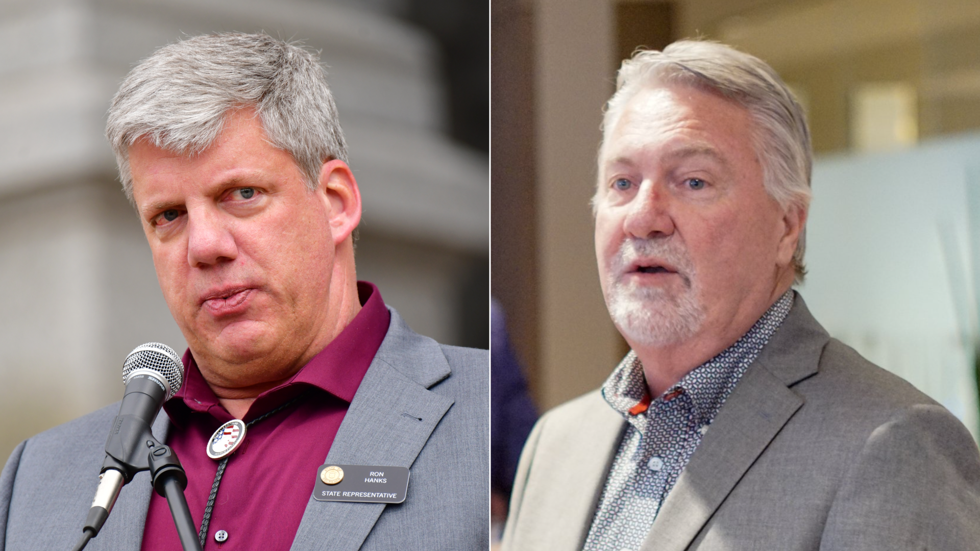 Ron Hanks, right, speaks at a rally. Joe O'Dea attends a campaign event. Photos: Hyoung Chang/Denver Post via Getty Images; Courtesy of Joe O'Dea