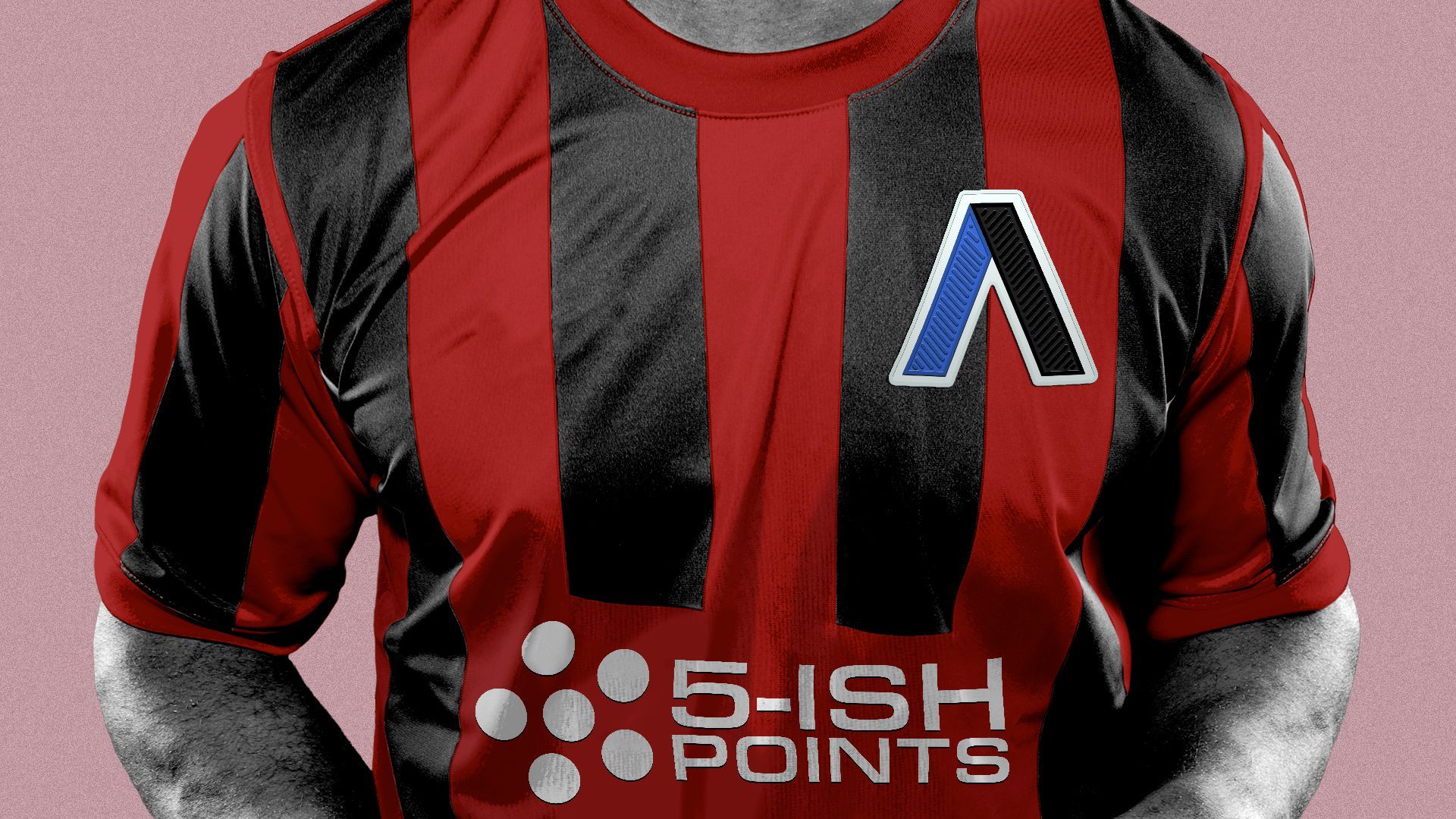 Illustration of a soccer player wearing a striped shirt with an Axios logo for a crest and an advertisement reading 5-ish Points.
