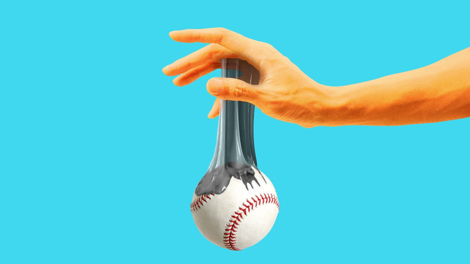 Illustration of a hand holding a ball upside down with a sticky substance going from the ball to the hand.  