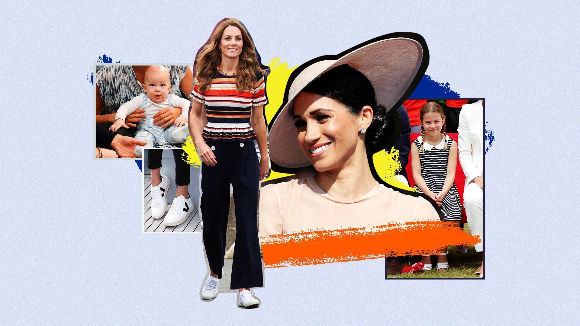 photographs of kate middleton, meghan markle, princess charlotte and prince archie surrounded by colorful paint swatches 